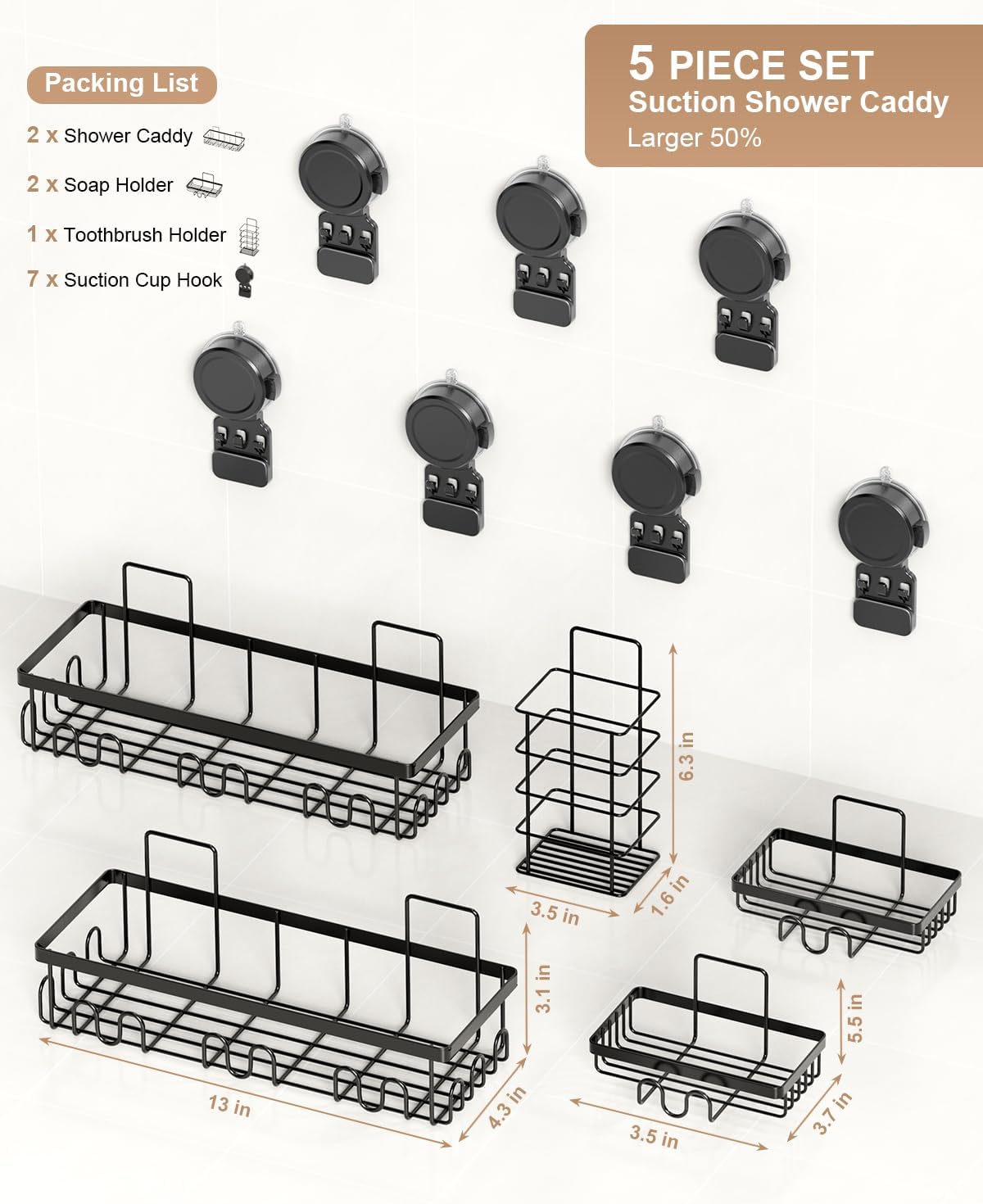 JOTPE Shower Caddy Suction Cup 5 Pack, No Drilling & Removable Suction Cup Shower Shelf for Bathroom with Large Capacity, Powerful Shower Organizer Max Hold 40 lbs, Waterproof Bathroom Shelf, Black - Image 3