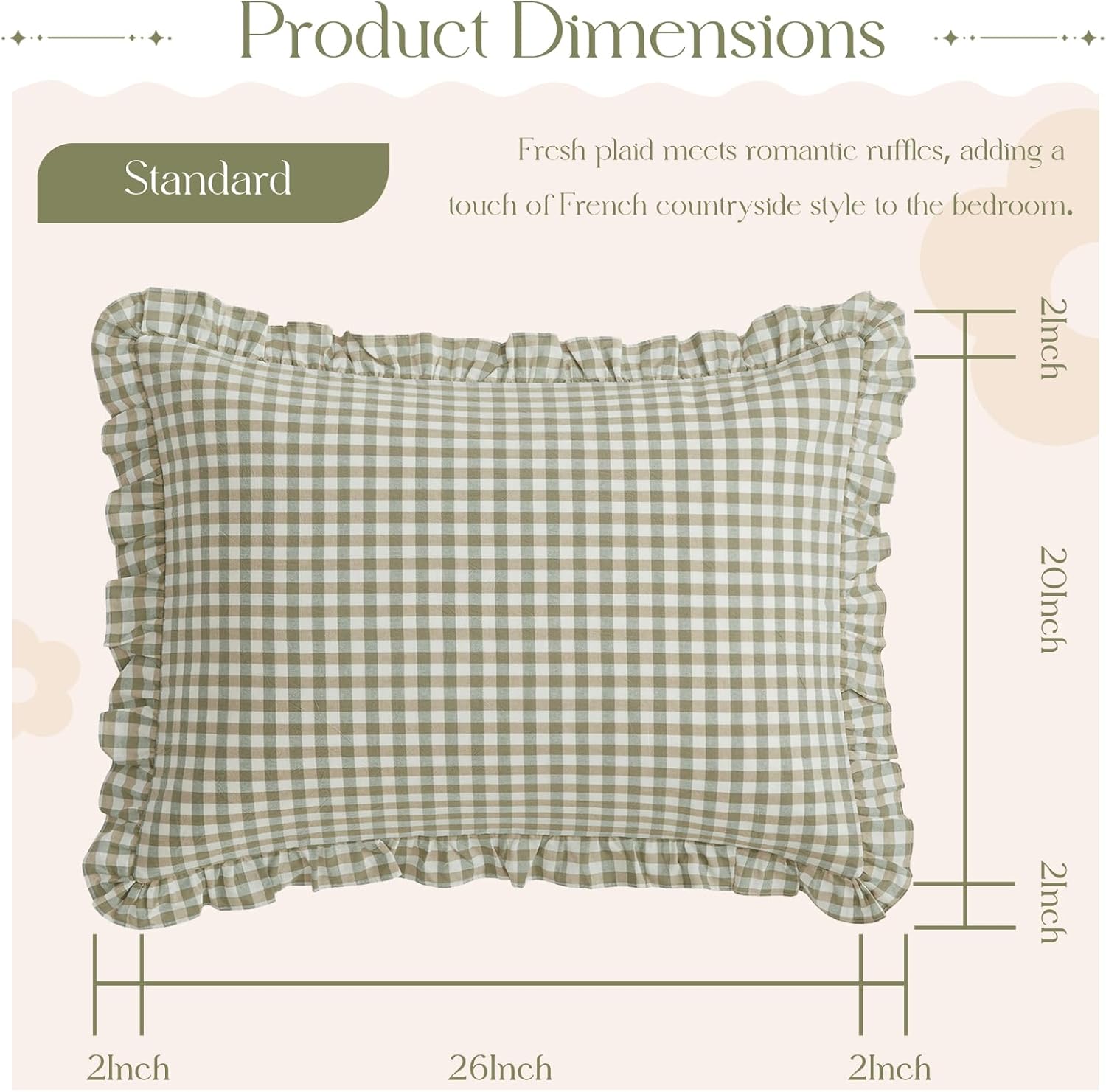 KKJIAF 2 Pcs Plaid Ruffle Pillow Case Standard Size, Ruffled Gingham Cotton Pillowcases 20x26 Inch, Linen Feel Plaid Bed Pillow Shams with Envelope Closure for Sofa Bed (Sage Green Plaid) - Image 3