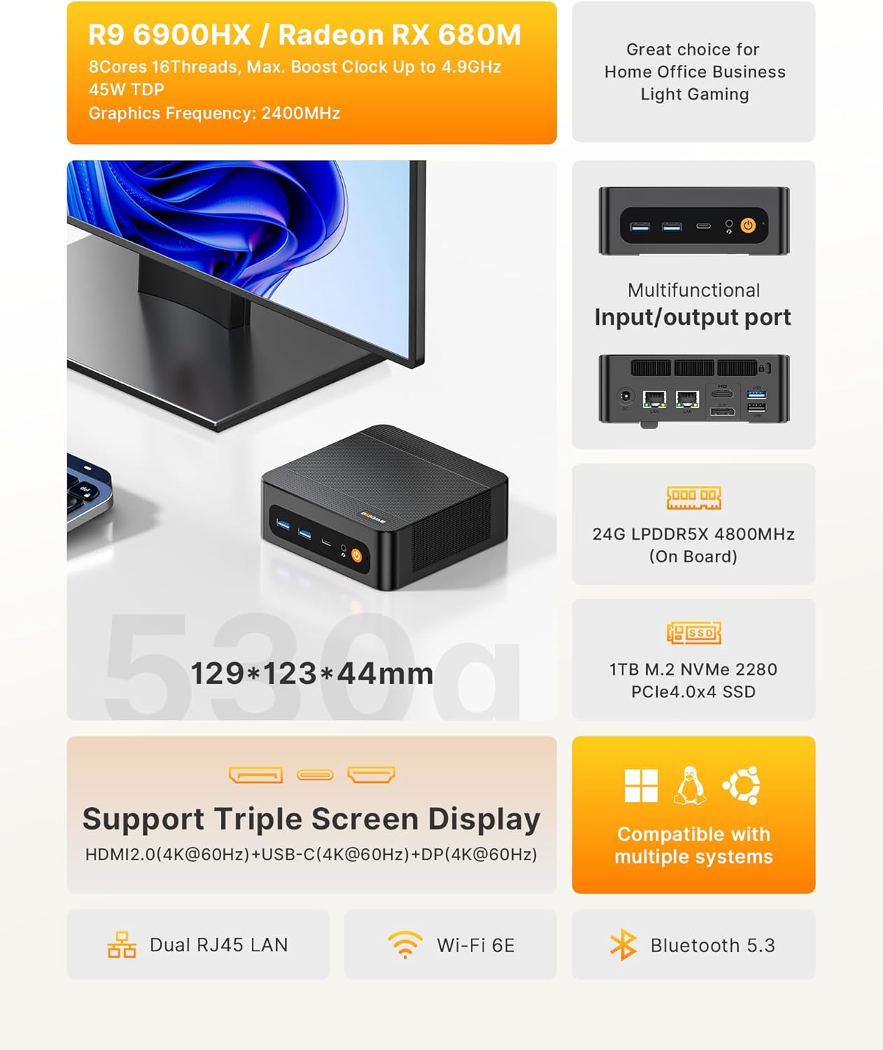 BOSGAME P6 Ryzen 9 6900HX Mini PC, 24GB LPDDR5X 4800MT/s 1TB PCIe4.0 SSD Mini Computers, Dual LAN, AX210 Wi-Fi 6E, BT 5.3, Triple Display 4K, Light Gaming | Home | Office | Business Great Value PC - Image 3