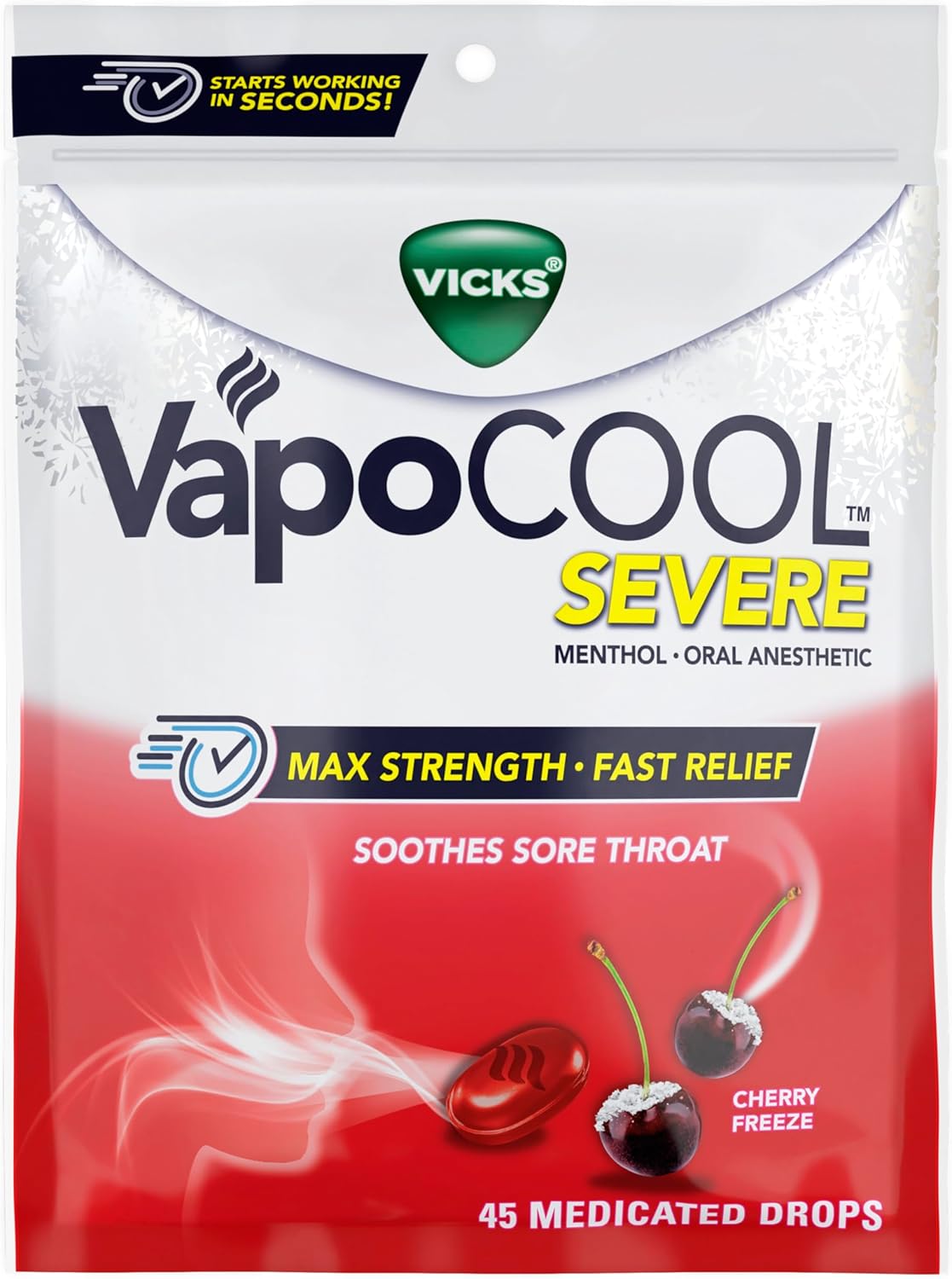 Vicks VapoCool Severe Medicated Sore Throat Drops, Max Strength Menthol, Soothes Sore Throat Pain, Cherry Flavor, 45ct - Image 2
