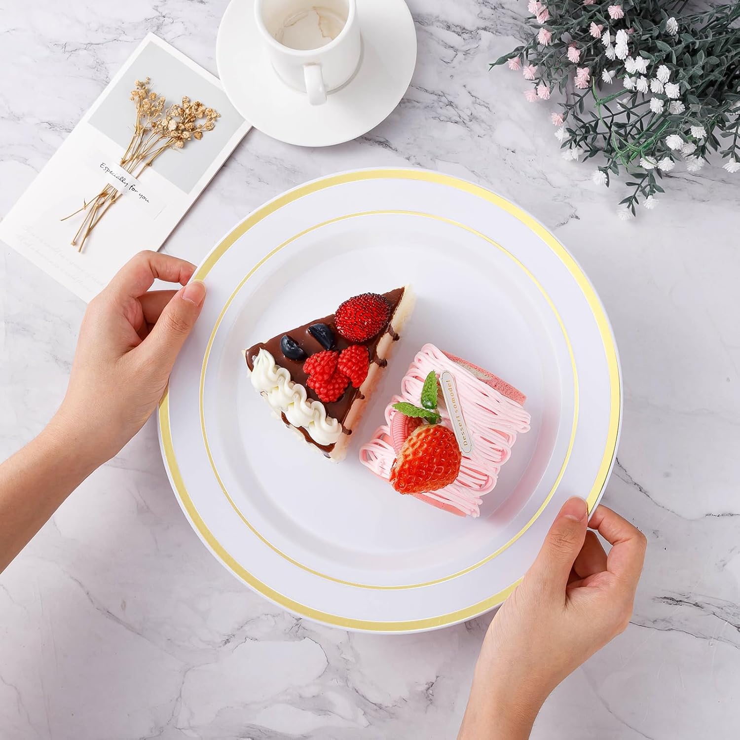 BESTVIP 200PCS Gold Plastic Plate, Disposable Party Plates with 100 Dinner Plates and 100 Dessert Plates, Plastic Plates for Party, Wedding and Birthday - Image 4