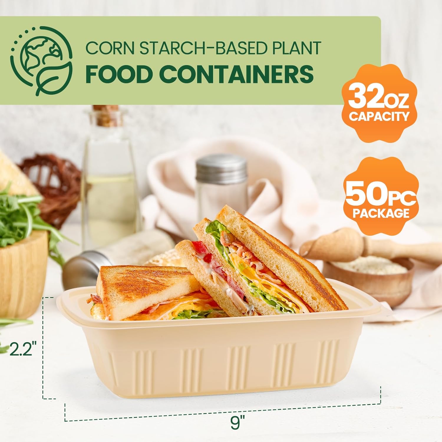 100 Piece (50 Pack) Meal Prep Containers with Lids,32 oz Resuable Cornstarch Material Salad Containers, Plant-based Lunch Boxes, Plastic Take Out Bowls BPA Free, Microwave Freezer Safe, Stackable - Image 4