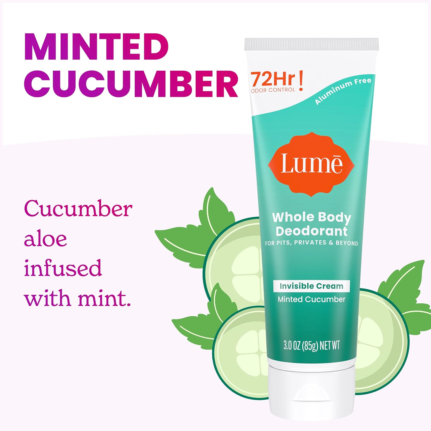 Lume Whole Body Deodorant - Invisible Cream Tube - 72 Hour Odor Control - Aluminum Free, Baking Soda Free, Skin Safe - 3.0 ounce (Minted Cucumber) - Image 4