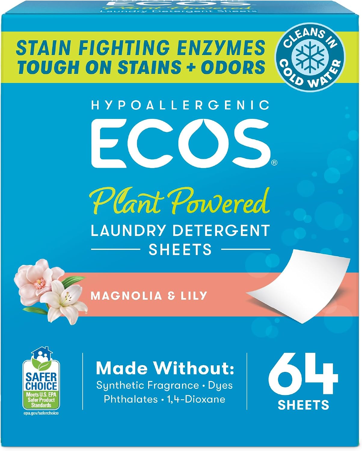 ECOS Laundry Detergent Sheets Vegan, No Plastic Jug, No Mess, Liquid Free - Hypoallergenic, Plant Powered Laundry Detergent Sheet - Magnolia & Lily - 64 Count (Pack of 1) - Image 2