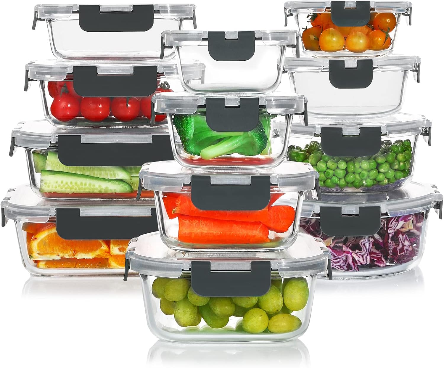 KOMUEE 24 Pieces Glass Food Storage Containers Set, Meal Prep Containers, BPA-Free Airtight Glass Storage Containers with lids,Freezer, Microwave and Oven Safe,Gray - Image 2