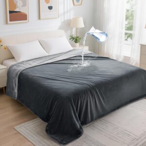 LOOBANI Waterproof Blanket for Bed: Reversible Soft Flannel Twin Bed Blanket 60″ x 80″, Leakproof Throw Spill-Proof Dog Pet Blanket for Couch Cover, Movie Time, Camping, Travel, Grey