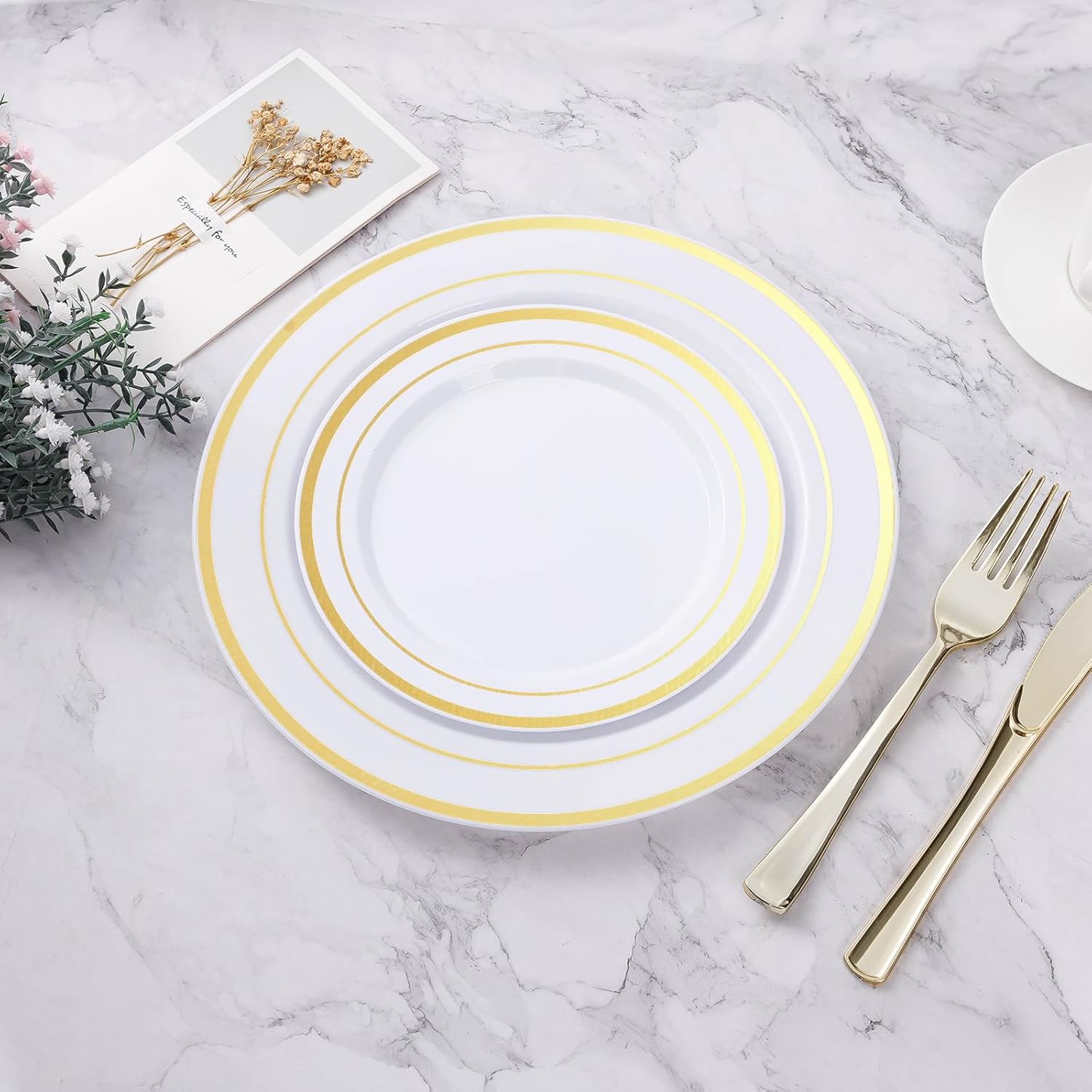 BESTVIP 200PCS Gold Plastic Plate, Disposable Party Plates with 100 Dinner Plates and 100 Dessert Plates, Plastic Plates for Party, Wedding and Birthday - Image 6