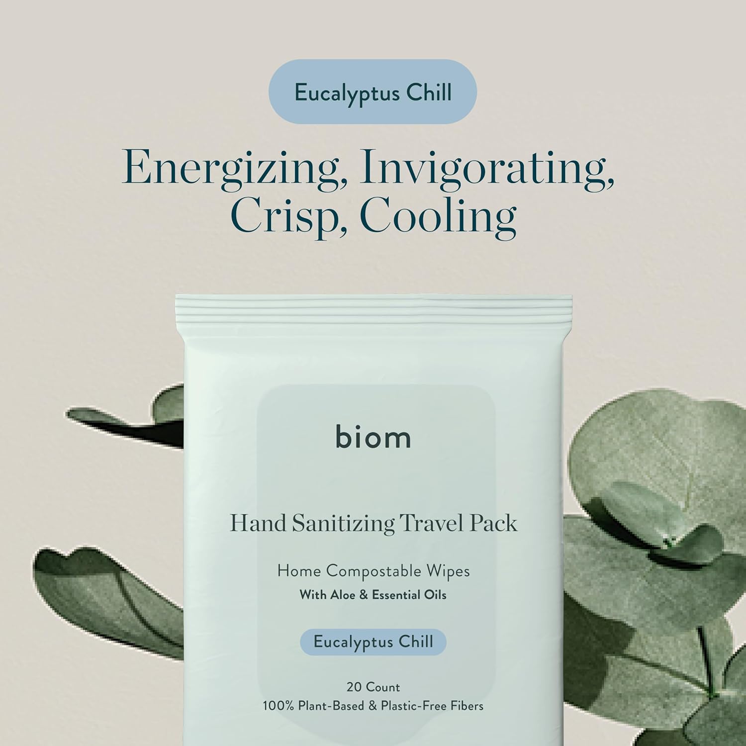 Biom Hand Sanitizing Wipes - Travel Size 10 pack(200 Wipes) 65% Ethanol Alcohol, Kills 99.9% of Germs, Removes Dirt & Grime, Made of Plant-Based & Plastic Free Fibers, Hypoallergenic -Eucalyptus Chill - Image 5