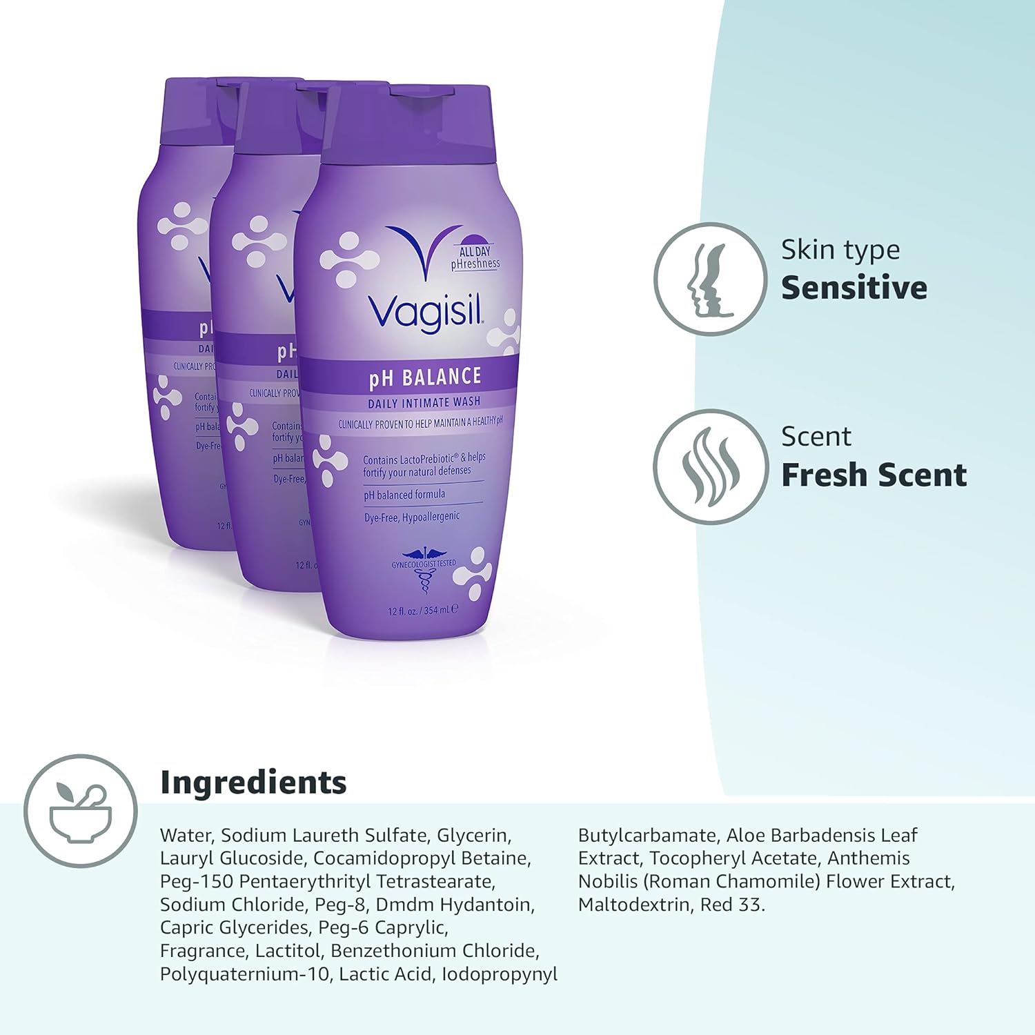 Vagisil Feminine Wash for Intimate Area Hygiene, pH Balance, Gynecologist Tested, Hypoallergenic, 12 oz, (Pack of 3) - Image 7
