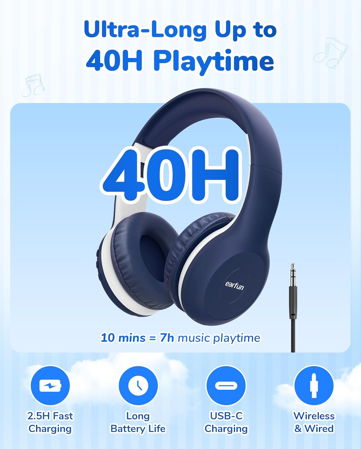EarFun K2 Kids Bluetooth Headphones, Kids Headphones with Volume Limited, 40H Playtime, Built-in Mic, Stereo Sound, Foldable Over-Ear Headphone for School/Travel/iPad/Tablet, Blue - Image 6
