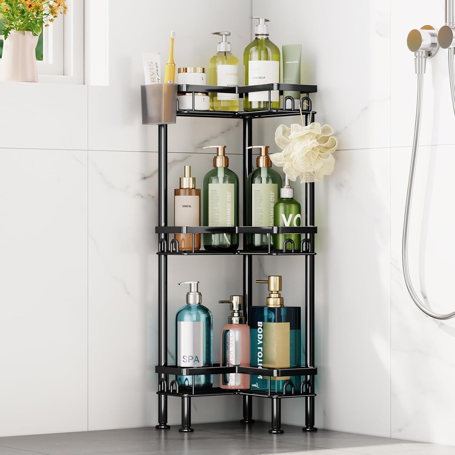HapiRm Standing Shower Caddy Corner - 3 Tier Corner Shower Organizer with Toothbrush Holder and 12 Hooks, Large Capacity Rustproof Bathroom Shelves for Tall Bottles, Black - Image 2