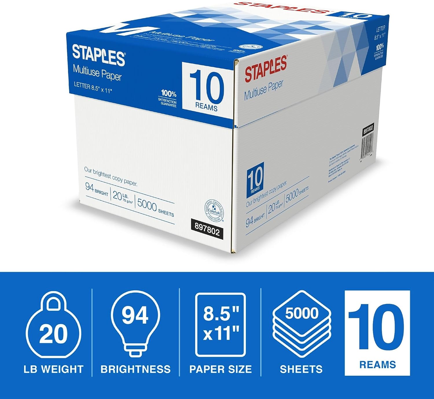 Staples Multipurpose Copy Printer Paper, 20 lb, 8.5 x 11 Inches, 10 Reams, 94 Bright, White - Image 3