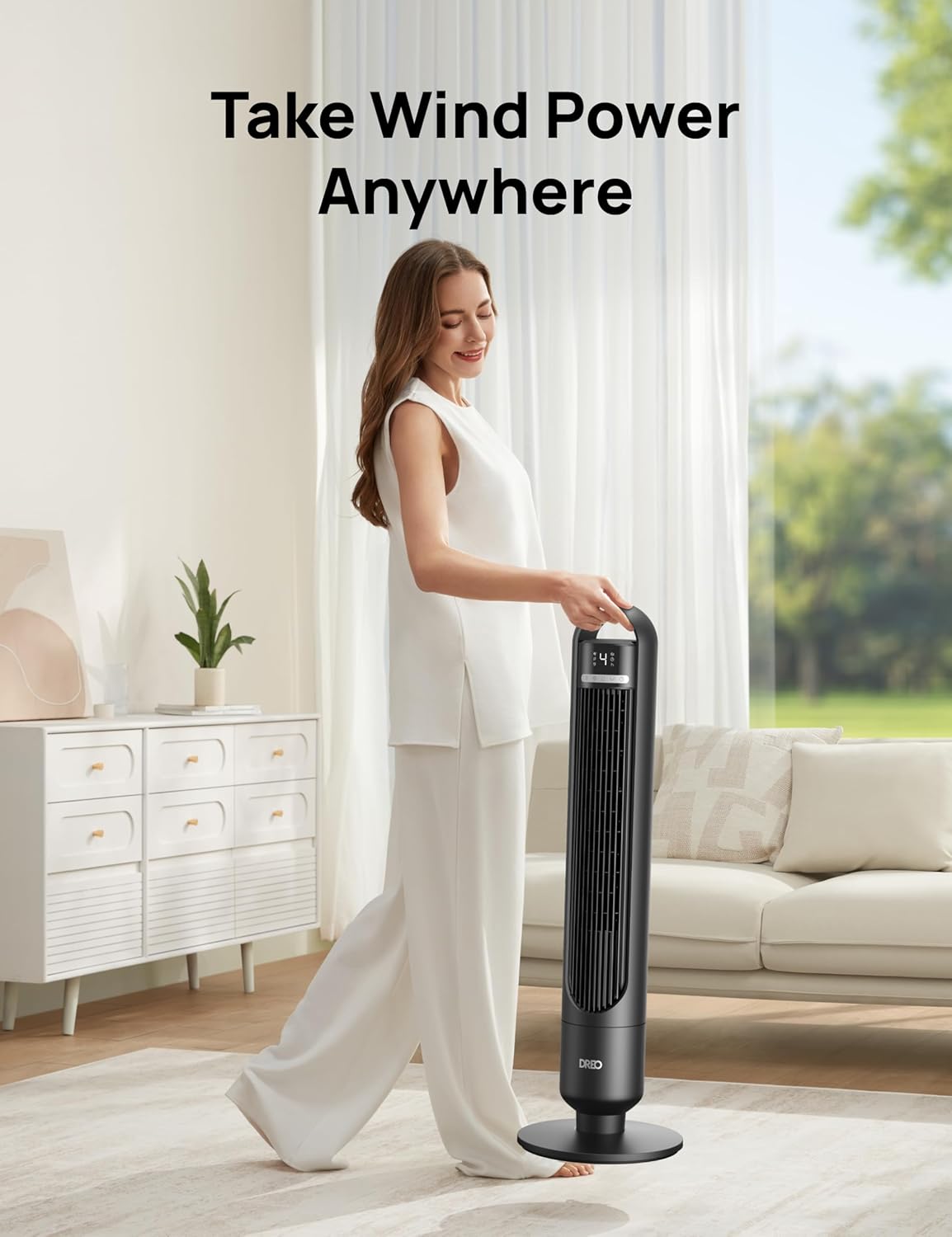 DREO Tower Fan for Bedroom, 90ยฐ Oscillating Standing Fans for Room with 4 Speeds, 3 Modes, 28dB Quiet for Sleep, 26ft/s Velocity, 8H Timer, Remote, Living Room, Office, Home, Black - Image 7