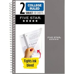 Five Star Spiral Notebook, 2 Subject, College Ruled Paper, 6″ x 9-1/2″, 80 Sheets, Fights Ink Bleed, Water Resistant Cover, Gray (840029AA3-ECM)