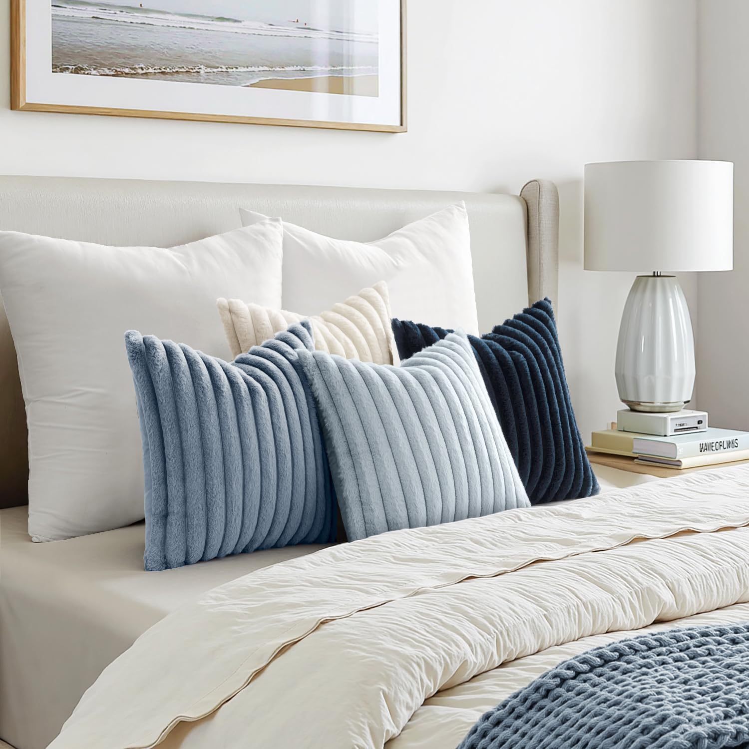 MIULEE Faux Fur Plush Decorative Throw Pillow Covers 18x18 Set of 4, Summer Modern Soft Fuzzy Coastal Striped Cushion Covers for Sofa Couch Bed Living Room Cozy Home Decor,Navy Blue - Image 7