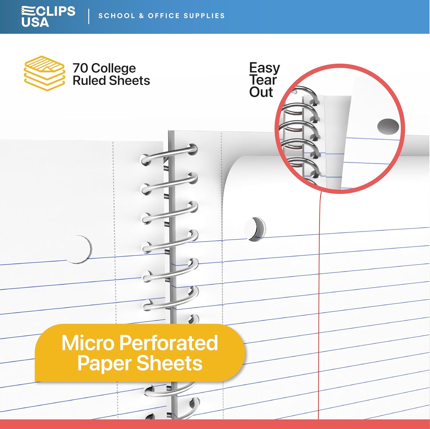 E-CLIPS USA College Ruled Spiral Notebooks Bulk Spiral Bound Notebooks for Work 1 Subject Notebook 100 sheets 200 pages 8.5" x 11" (6 pack) - Image 3
