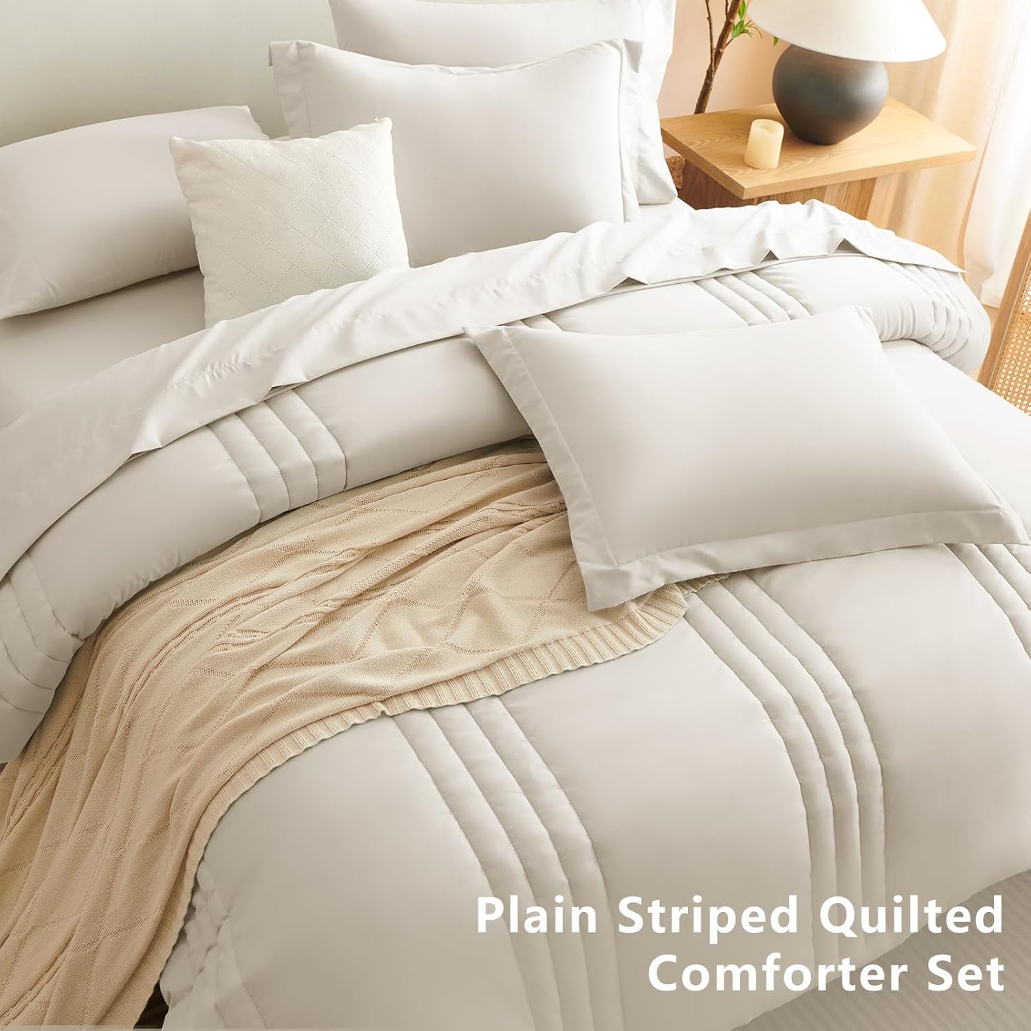 CozyLux Queen Comforter Set Beige - 7 Pieces Bed in a Bag, Modern Vertical Quilted Room Decor, Soft All-Season Bedding Gift with Comforter, Sheets, Pillowcases & Shams - Image 5