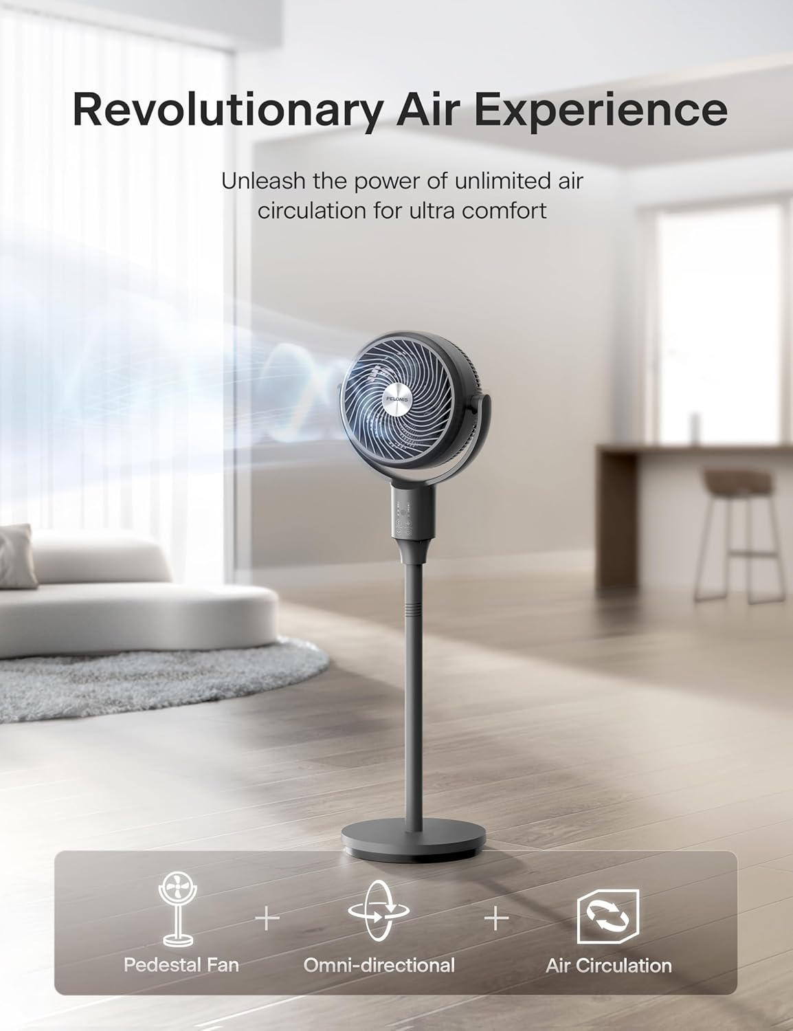 PELONIS Pedestal Fan, Air Circulator, Ultra OmniFlow (135°+90°Auto Oscillation), Quiet Floor Fan with 3 Speeds, Remote, 7H Timer, Memory Function, Adjustable Height, Standing Fan for Bedroom - Image 4