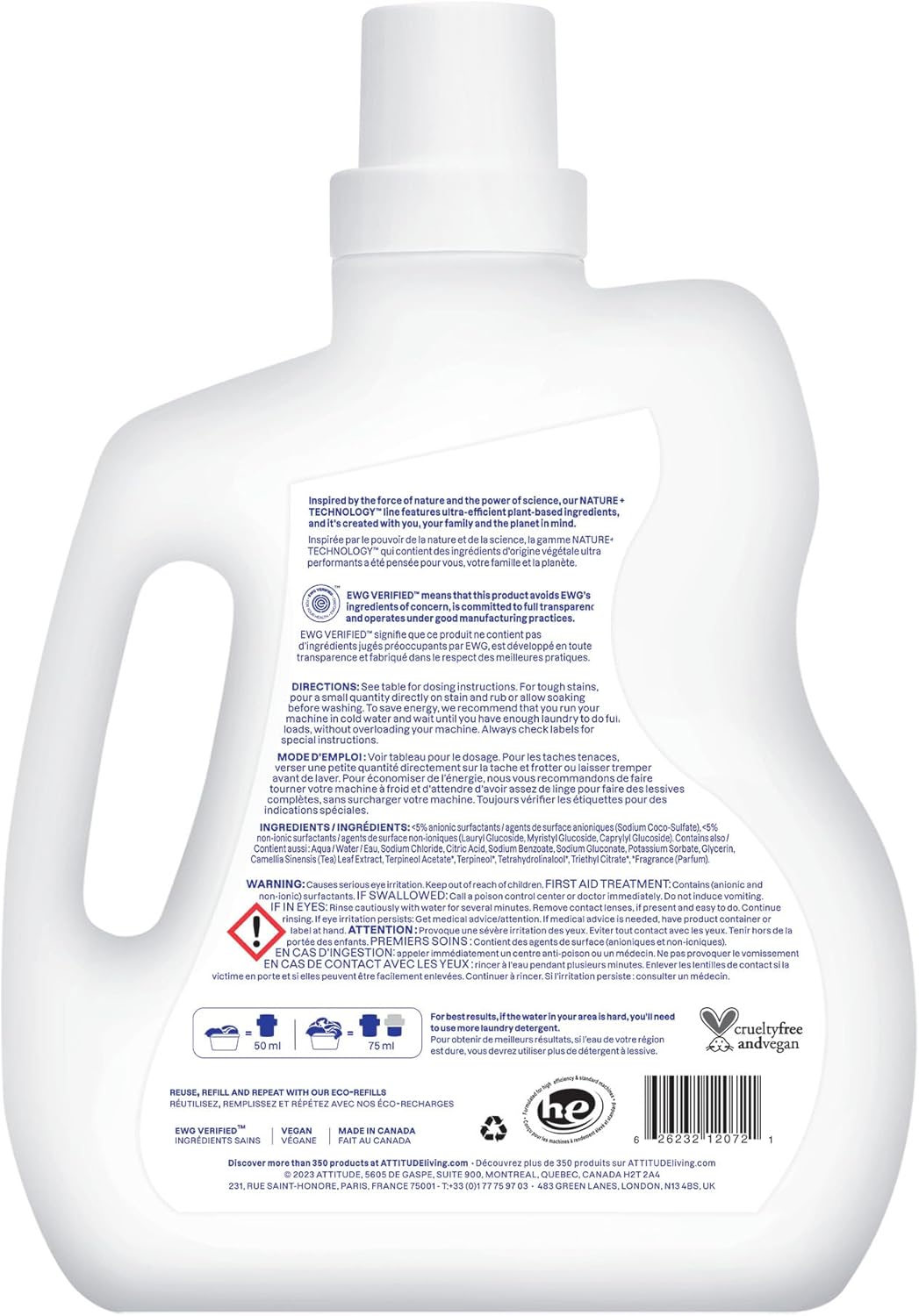 ATTITUDE Liquid Laundry Detergent, EWG Verified, HE Compatible, Plant-Based & Vegan, Natural Laundry Soap, Citrus Zest Scent, 60.8 Fl Oz - Image 8