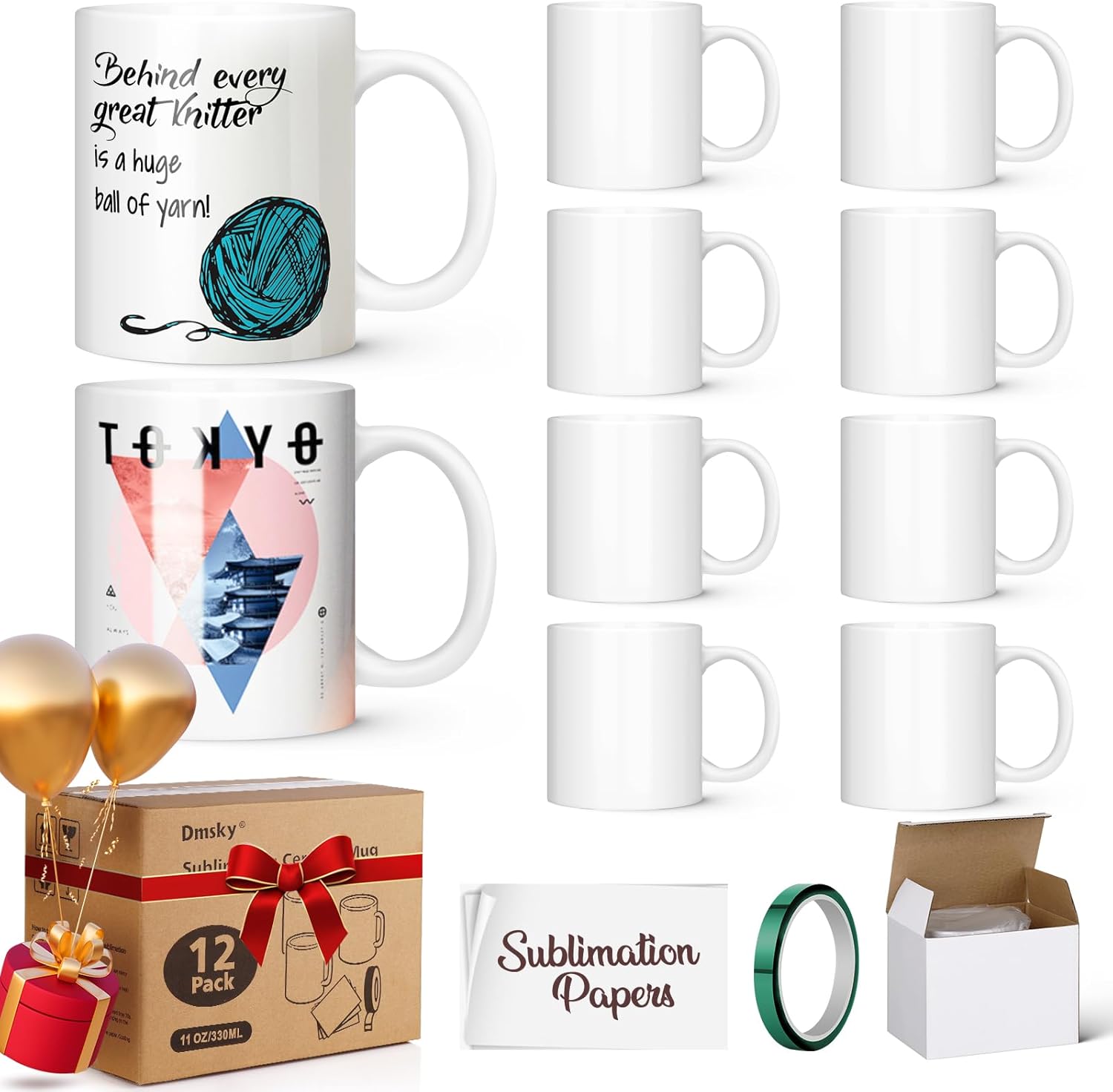 Dmsky Sublimation Coffee Mugs Tazas Para Sublimar 11 oz Blank Bulk Coffee Mug White Ceramic Photo Cups With Box, Heat Tape, sublimation paper Ideal for Crafts Printing Set of 12 - Image 2