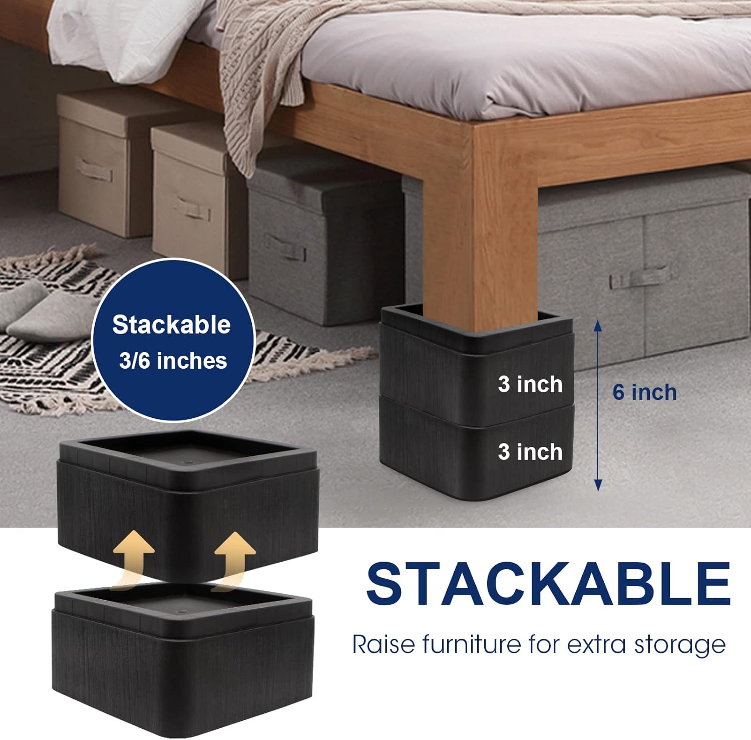 MYMULIKE Bed Risers 3 Inch, Oversized Fit Up to 5.5" Legs, Heavy Duty Support 6000lbs, Stackable Bed Raising Blocks Furniture Sturdy Bed Lifts for Couches, Tables, Desk(Black, 3 inch-4 Pack) - Image 4