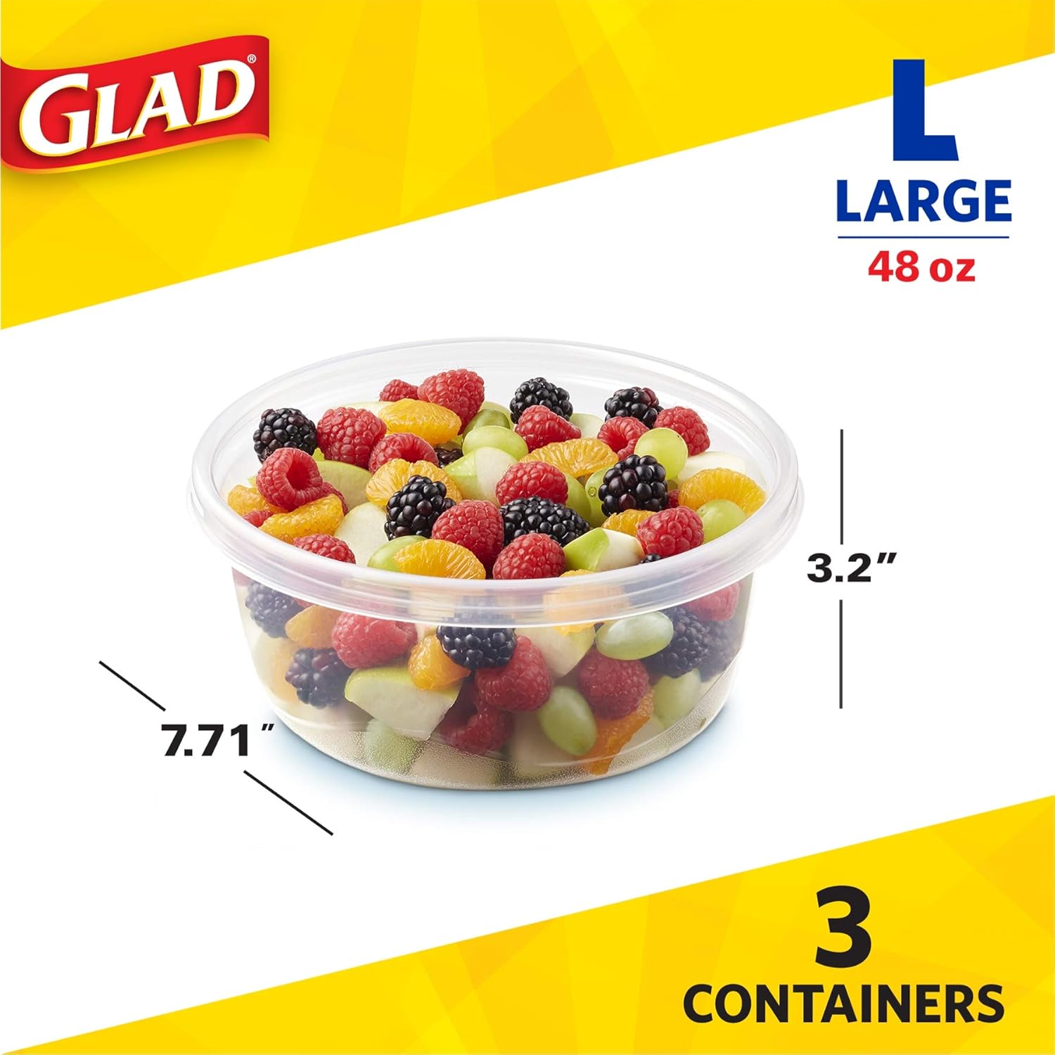 Glad GladWare Big Bowl Food Storage Containers with Lids, Large Round No BPA Plastic Containers for Soups, Salads, and Meal Prep, Lock Tight Seal, Microwave Dishwasher Safe, 48 Oz, 3 Count - Image 6