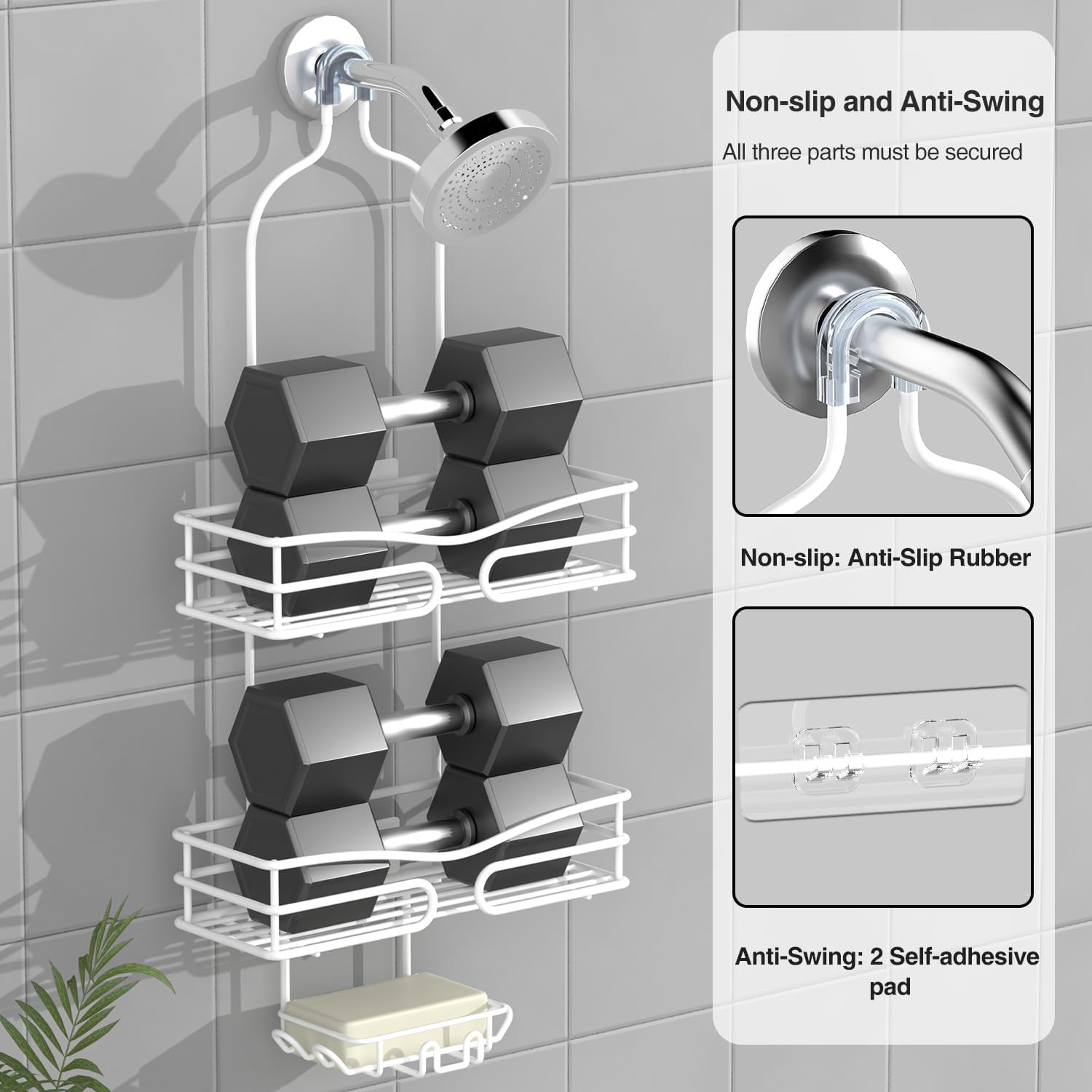 DAOYA Over Head Shower Caddy - Bathroom Shower Organizer with Soap Holder & 6 Hooks for Towels, White, 76L Capacity, Hanging Mount, Rust Resistant - Image 4
