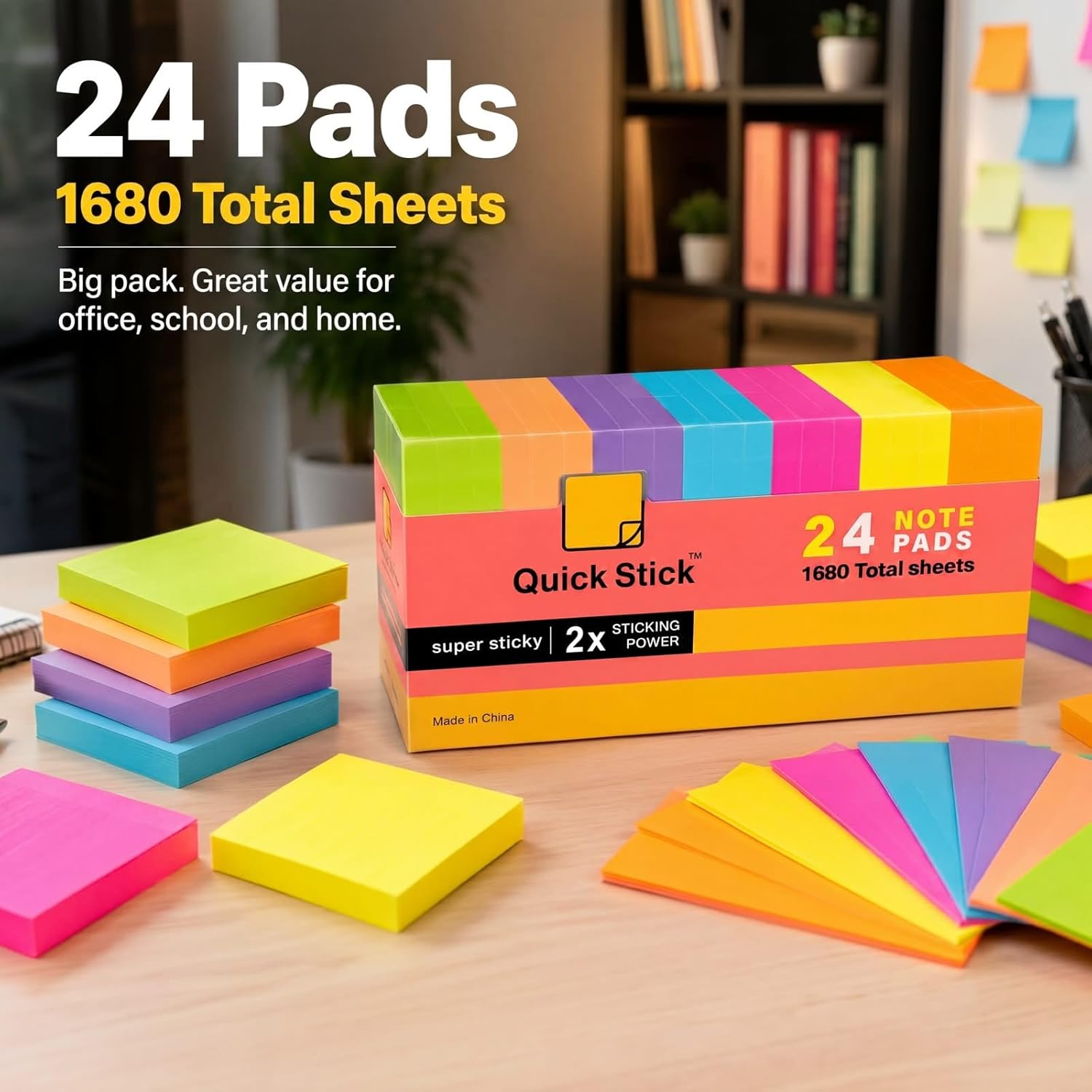 Sticky Notes, 24 Pads, 1680 Sheets Total, 3x3 in Bright Neon Colors, 2X Super Sticky Self-Stick Note Pads for Office, School, Home, Bulk Pack 70 Sheets Per Pad, Strong Hold Memo Notes - Image 6