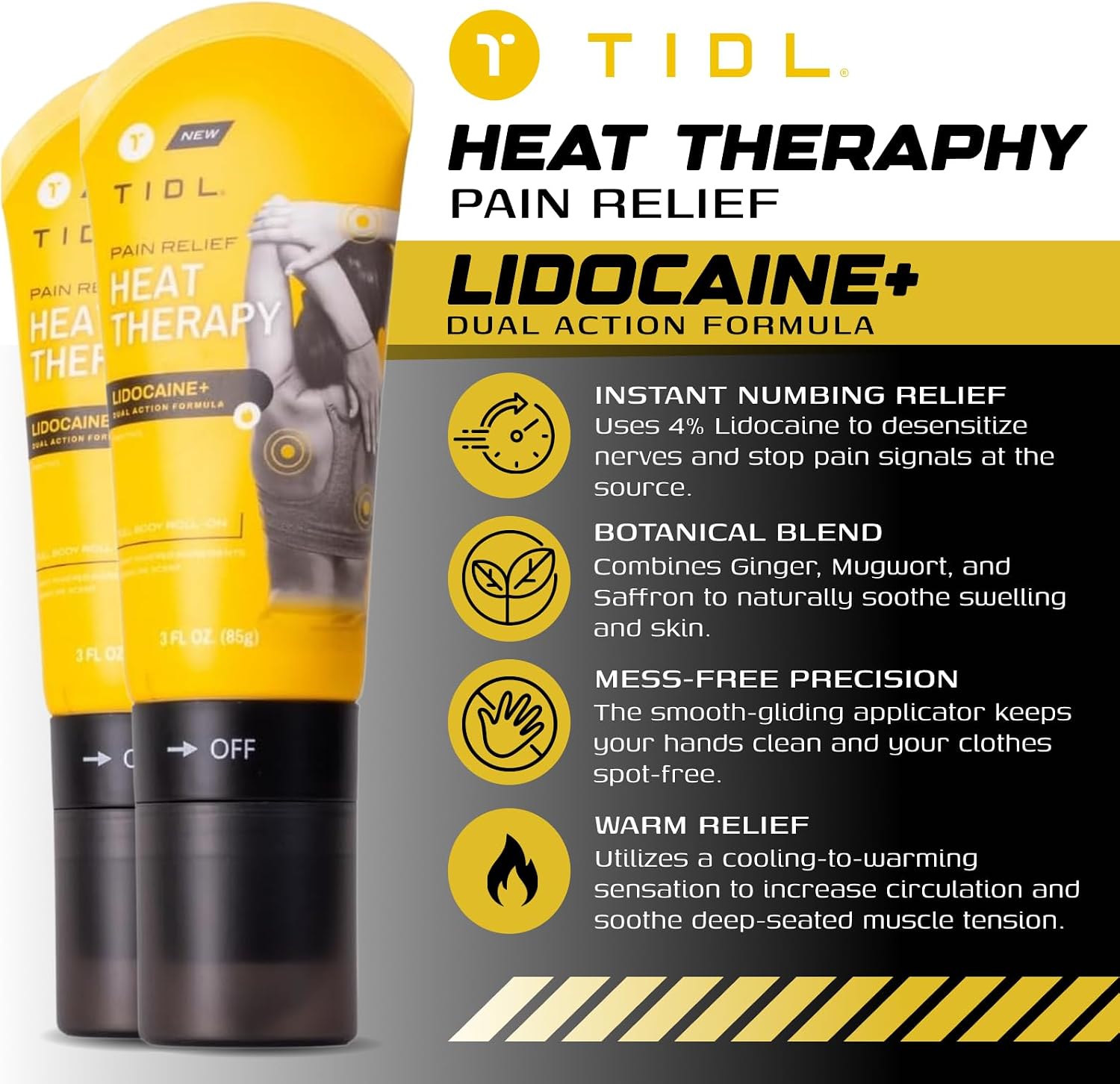 TIDL Heat Therapy Roll-On Pain Reliever | Menthol Lidocaine+ Dual Action Formula Anti-Inflammatory Warming Botanical Massaging Roller for Muscle Joint Shoulder Back Pain Relief | 3 fl oz - Image 3