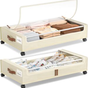 Yecaye Under Bed Storage with Wheels, 2 Pack Under Bed Storage Containers, 60L Underbed Shoe Storage with Clear Window & Label, Rolling Under Bed Metal Drawer for Clothes, Shoes, Books, Blankets