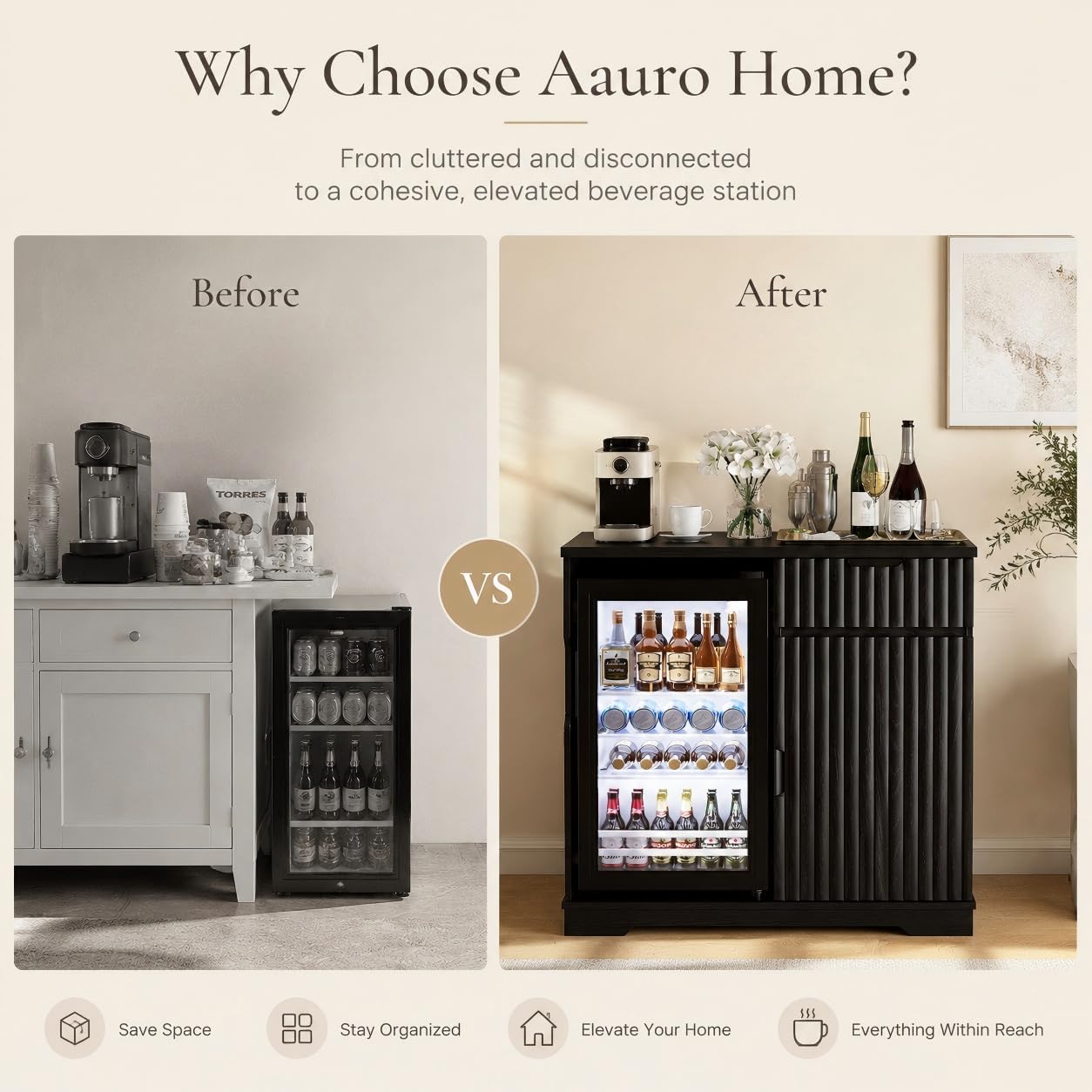 Mini Fridge Cabinet (Fridge Included), Fluted Coffee Bar Cabinet with Refrigerator, Pull Out Drawer & Storage Cabinets, 31.5" Liquor Wine Bar Cabinet for Home, Kitchen, Dining Room, Blac - Image 8