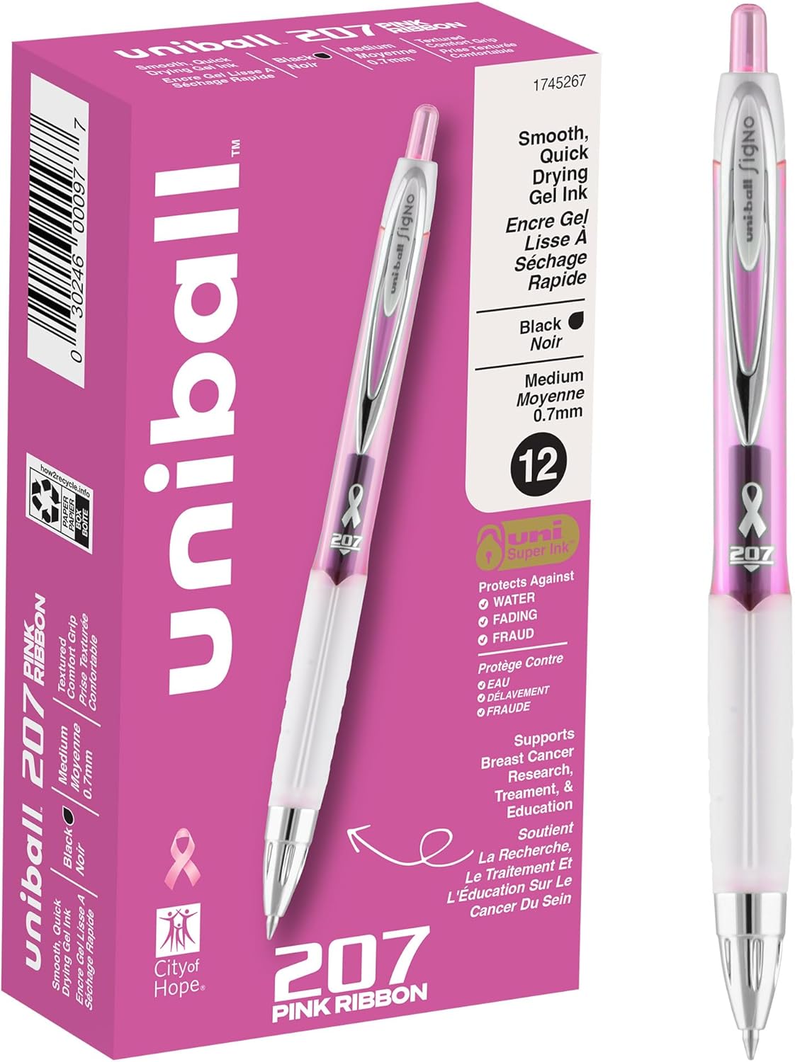 uniball 207 Pink Ribbon Retractable Gel Pens, Medium Point (0.7mm), Black, 12 Pack - Image 2