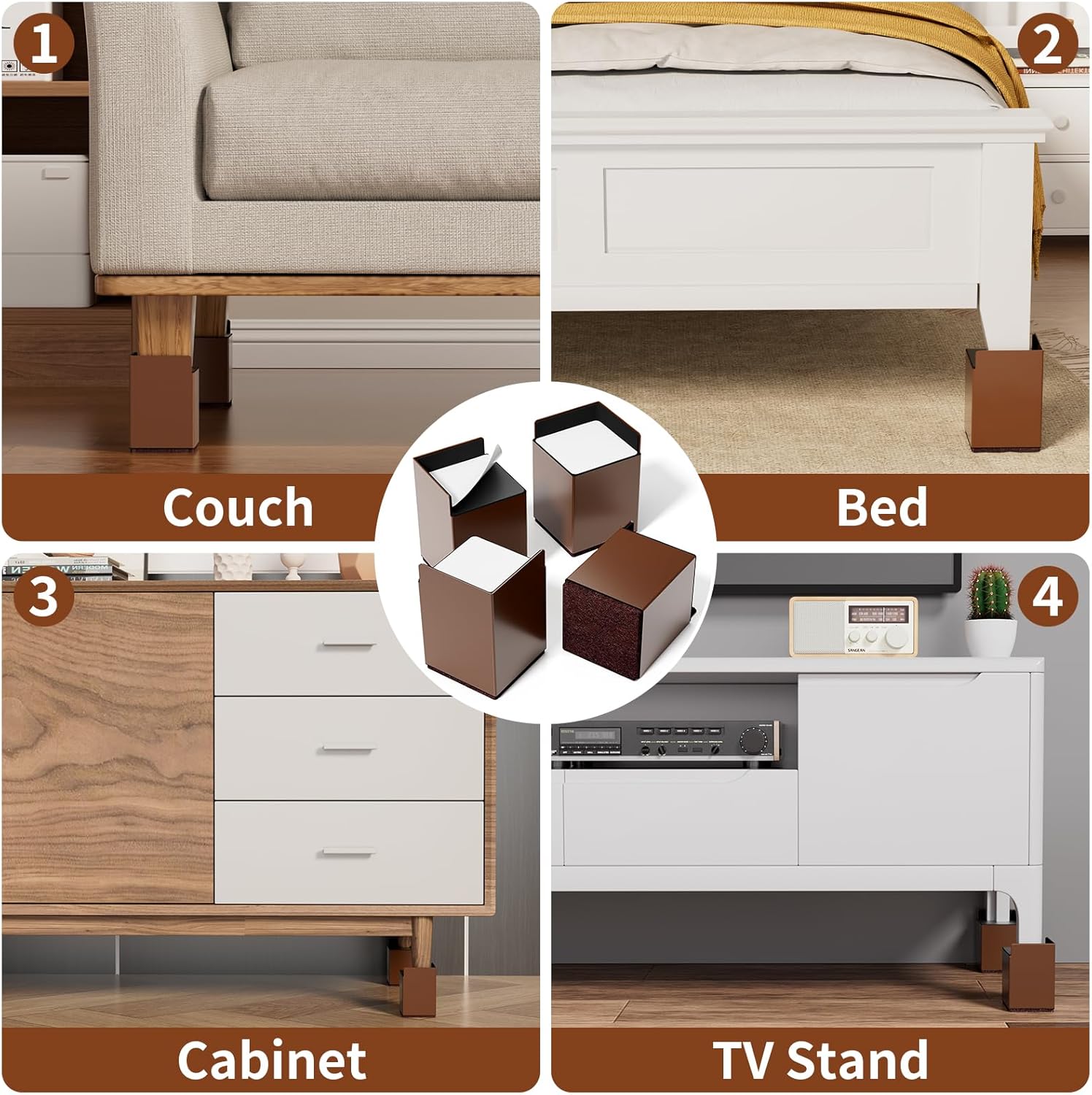 Bed Risers 4 inch Heavy Duty, 4 Pack Brown Square Metal Self-Adhesive, Oversized Furniture Risers for Bed Desk Table Sofa Couch, Support up to 6000 lbs, Protect Hardwood Floors from Scratches - Image 7