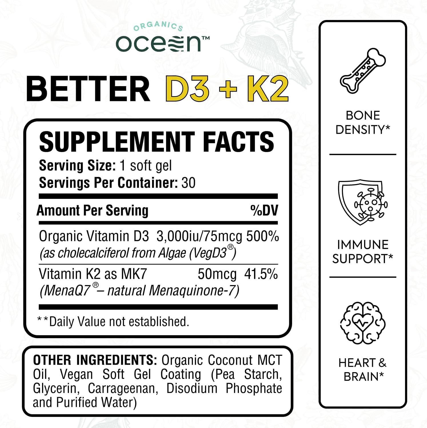 Organics Ocean Better D3 + K2-100% Organic VIT D3 and K2 Supplements with Maximum Bioavailability - Supports Bone Density, Calcium Balance, Immunity & Mood - 1-Pack, 30-Day Supply - Image 3