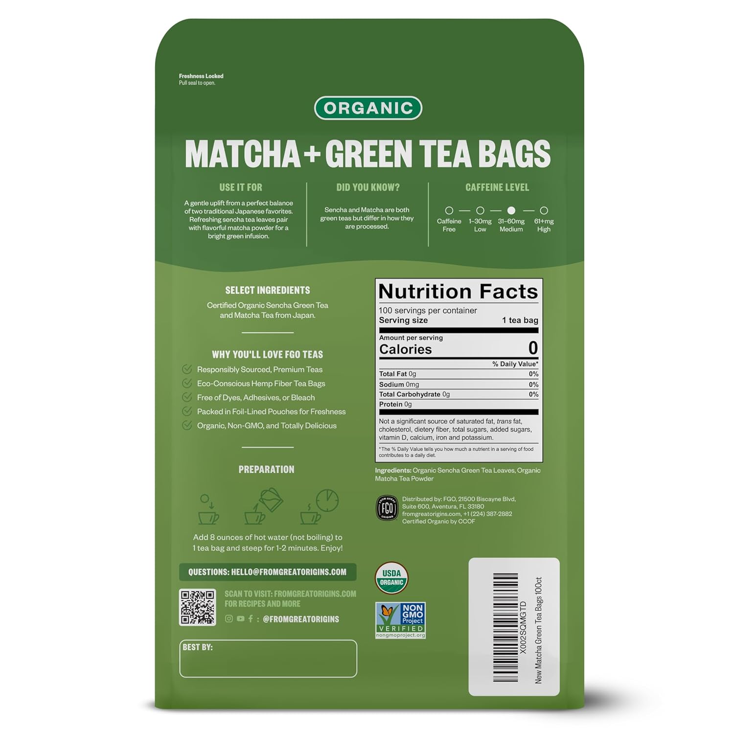 FGO Organic Japanese Matcha + Green Tea, 100 Count, Eco-Conscious Tea Bags, Resealable Bag, Packaging May Vary (Pack of 1) - Image 3
