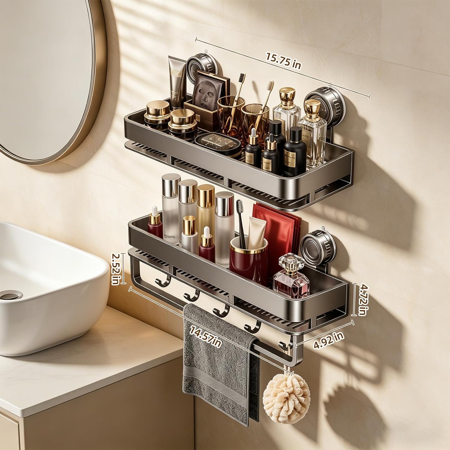 Suction Cup Shower Caddy, No Drilling Rectangular Shelf for Inside Shower, Heavy Duty Carbon Steel Bathroom Organizer Storage Rack with Towel Bar & Hooks, Rust-Resistant (Grey,2-Pack) - Image 9