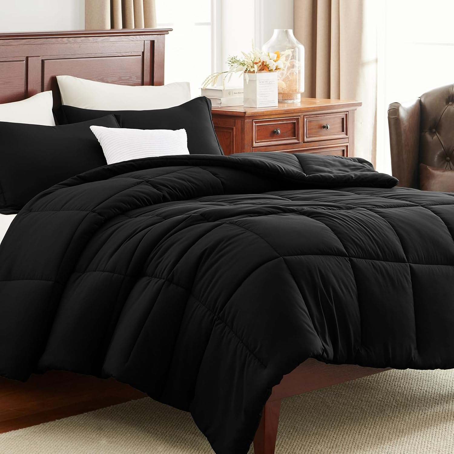 CozyLux Queen Comforter Set Black - 270GSM 3 Pieces Box Stitched Comforters Queen Size, Soft Bed Set for All Seasons, Lightweight Bedding Sets with 1 Down Alternative Comforter and 2 Pillow Shams - Image 10