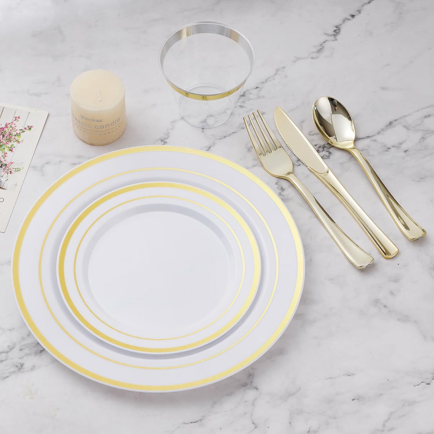 BESTVIP 600PCS Gold Dinnerware Set for 100 Guests, Plastic Plates for Party, 100 Gold Disposable Plates, 100 Dessert Plates, 100 Cups, 100 Spoons, 100 Forks and 100 Knives - Image 6
