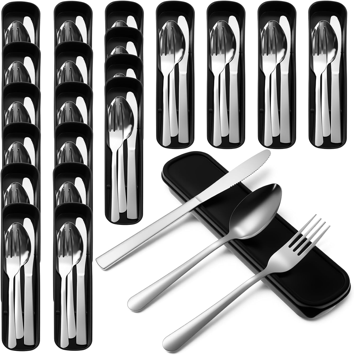 Lothee 20 Pack Travel Utensils with Case Reusable Stainless Steel Silverware Bulk Camping Cutlery Set Include Forks Knives Spoons for Work Picnic Travel and Lunchboxes, Dishwasher Safe, Black - Image 2
