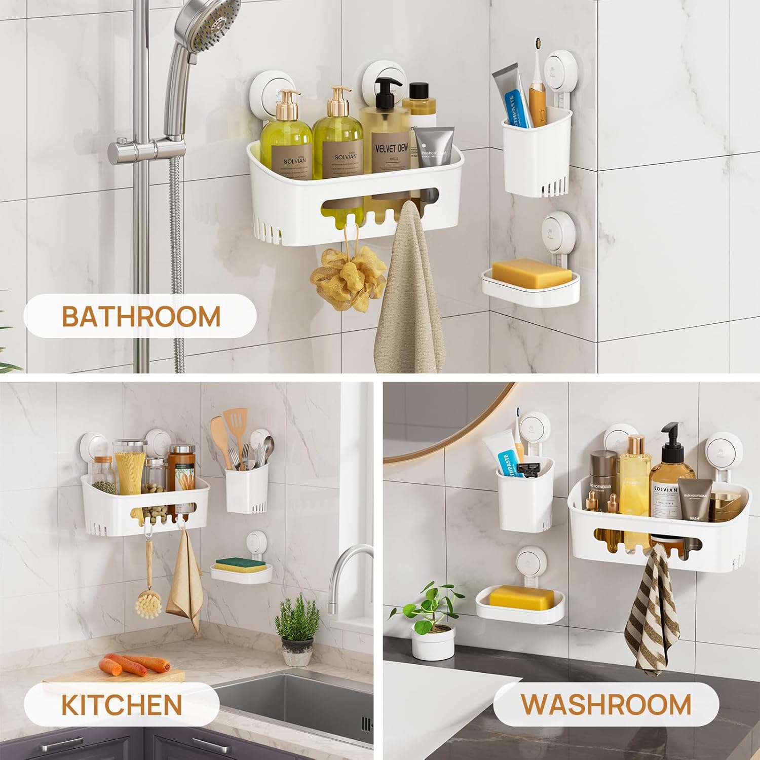 LEVERLOC Shower Caddy Suction Cup Set Shower Organizer & Soap Holder & Toothbrush Holder, Bathroom Shelf Basket NO-Drilling, Removable Suction Storage Waterproof Bathroom Caddy, White - Image 6