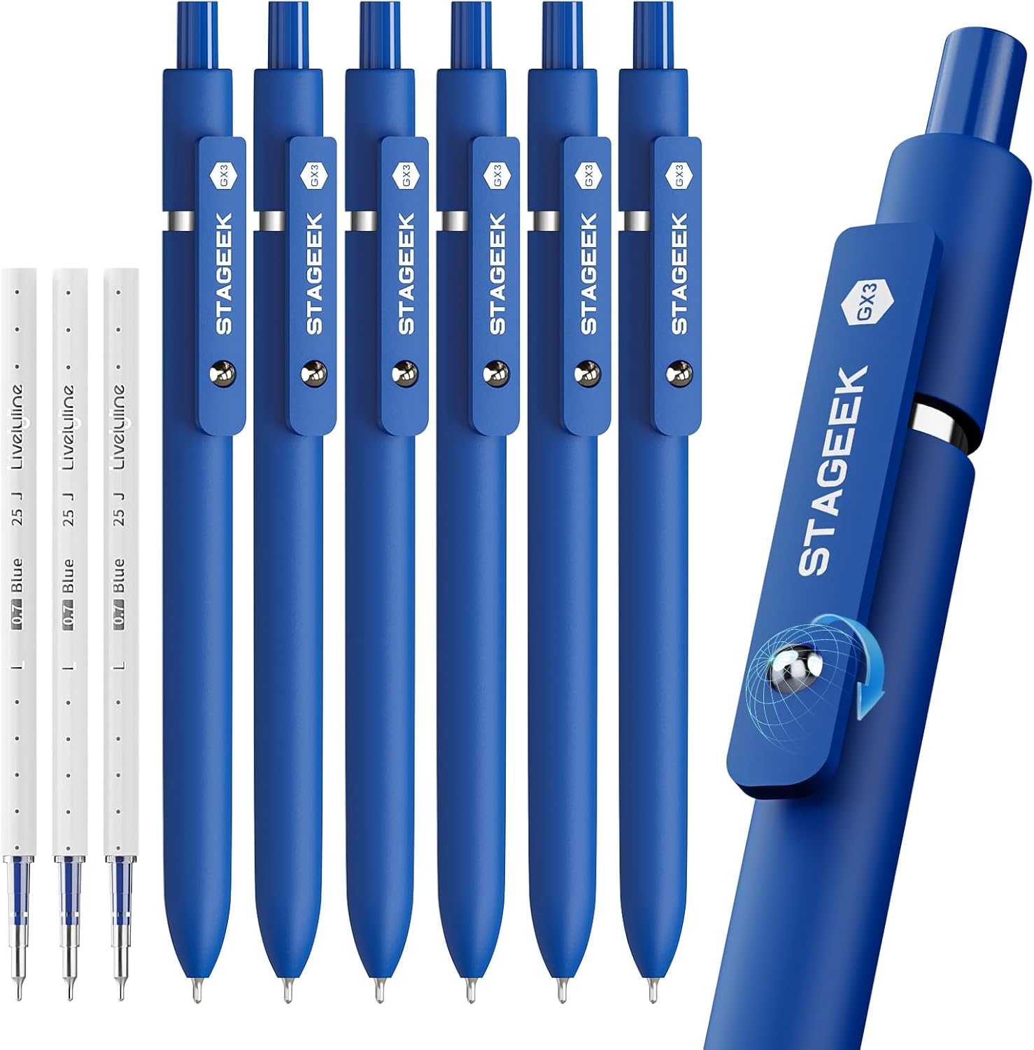 STAGEEK Blue Gel Pens GX3, 6Pcs Quick Dry Blue Ink Pens with 3 Extra Refills, Fine Point Retractable Smooth Writing Pens for Journaling, Office, Note Taking, School Supplies, Nurse Aesthetic(Blue) - Image 2