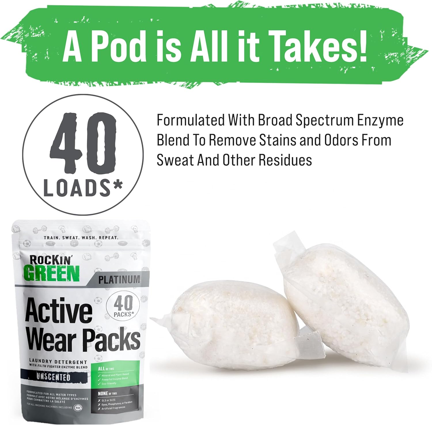 Rockin' Green Laundry Detergent Pods, Plant-based, All Natural, Vegan & Biodegradable Odor Fighter, Safe for Sensitive Skin (Unscented, Active Wear 40 Pods) - Image 4