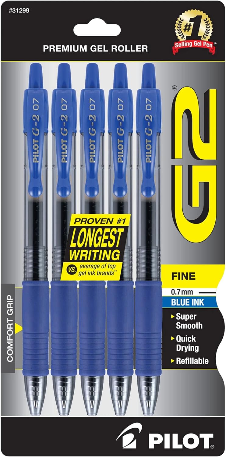 Pilot G2 Premium Gel Roller Pens, Fine Point 0.7 mm, Blue Ink Pens Fine Point, Pack of 5 - Ideal for School, Journaling, and Office Writing - Image 2
