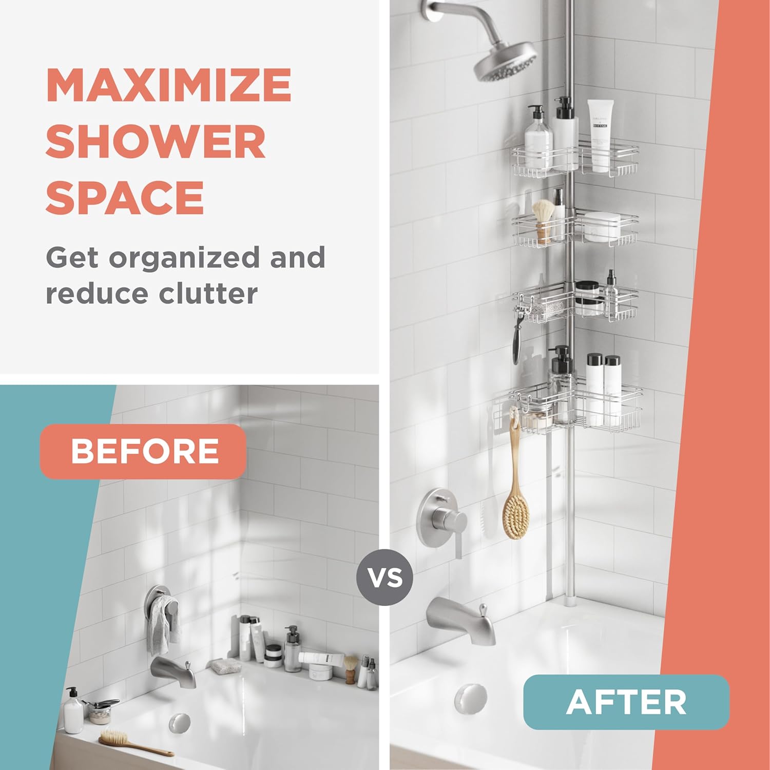 Zenna Home Tension Pole Shower Caddy Corner Organizer, Adjustable Standing Shower Caddy with 4 L-shaped Baskets and Hooks, Rust Resistant Bathroom Tension Rod Organizer, 60 to 97 Inch, Satin Nickel - Image 10