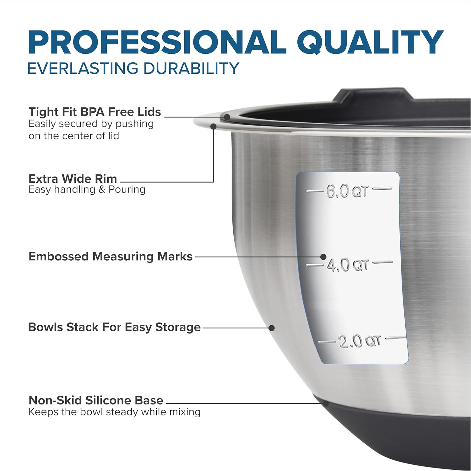 Viking Mixing Bowls Set, 10 Piece Stainless Steel Kitchen Cookware, Non-Slip Silicone Base, Includes Tight Fit Lids, Dishwasher Safe, Black - Image 4