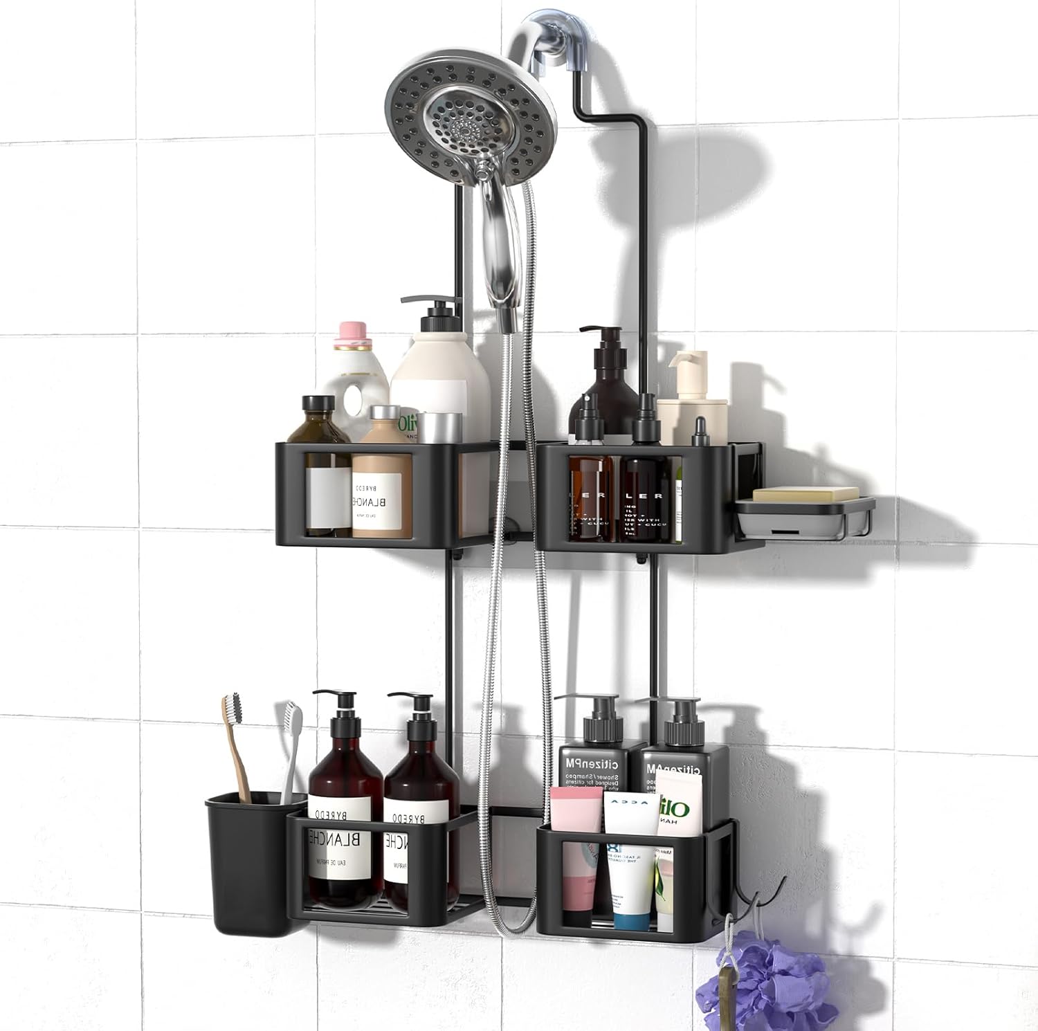 Epicano Hanging Shower Caddy for Handheld Showerheads, Anti-Swing Overhead ShowerCaddy with Removable Hooks & Holders for Razor, Sponge, Soap & Toothbrush, Stainless Steel, Black - Image 2