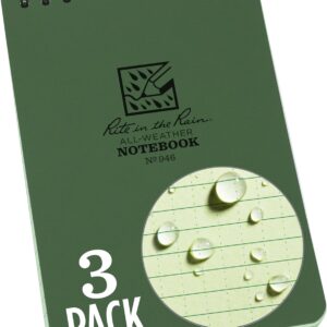 Rite In The Rain Weatherproof Top Spiral Notebook, 4″ x 6″, Green Cover, Universal Pattern, 3 Pack (No. 946-3)