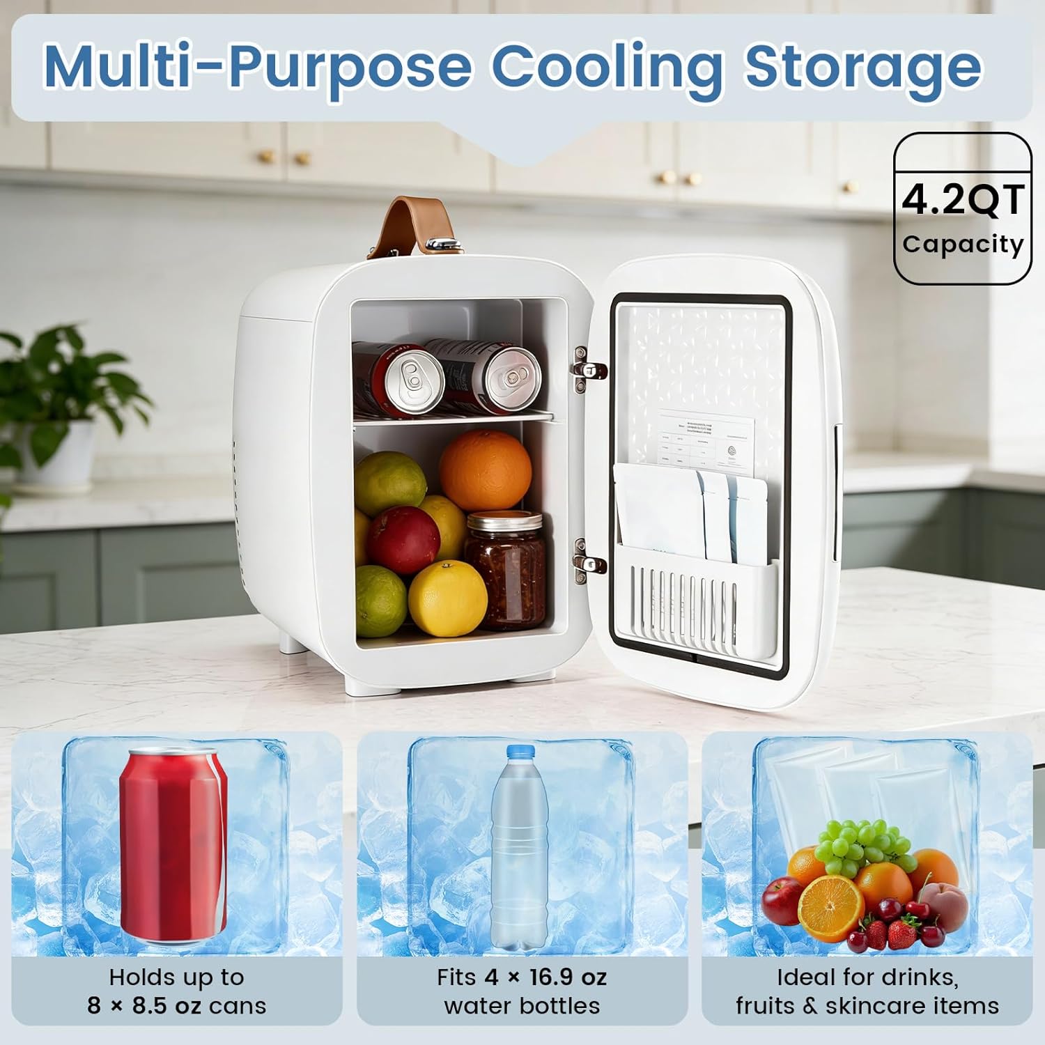 NEWBULIG Mini Fridge for Bedroom, Office & Car, Portable 4L/4.23QT Mini Refrigerator for Skincare with Handle, Ultra-Quiet Energy-Saving Compact Cooler for Drinks, Food, Skincare & Makeup, 12V AC/DC - Image 4