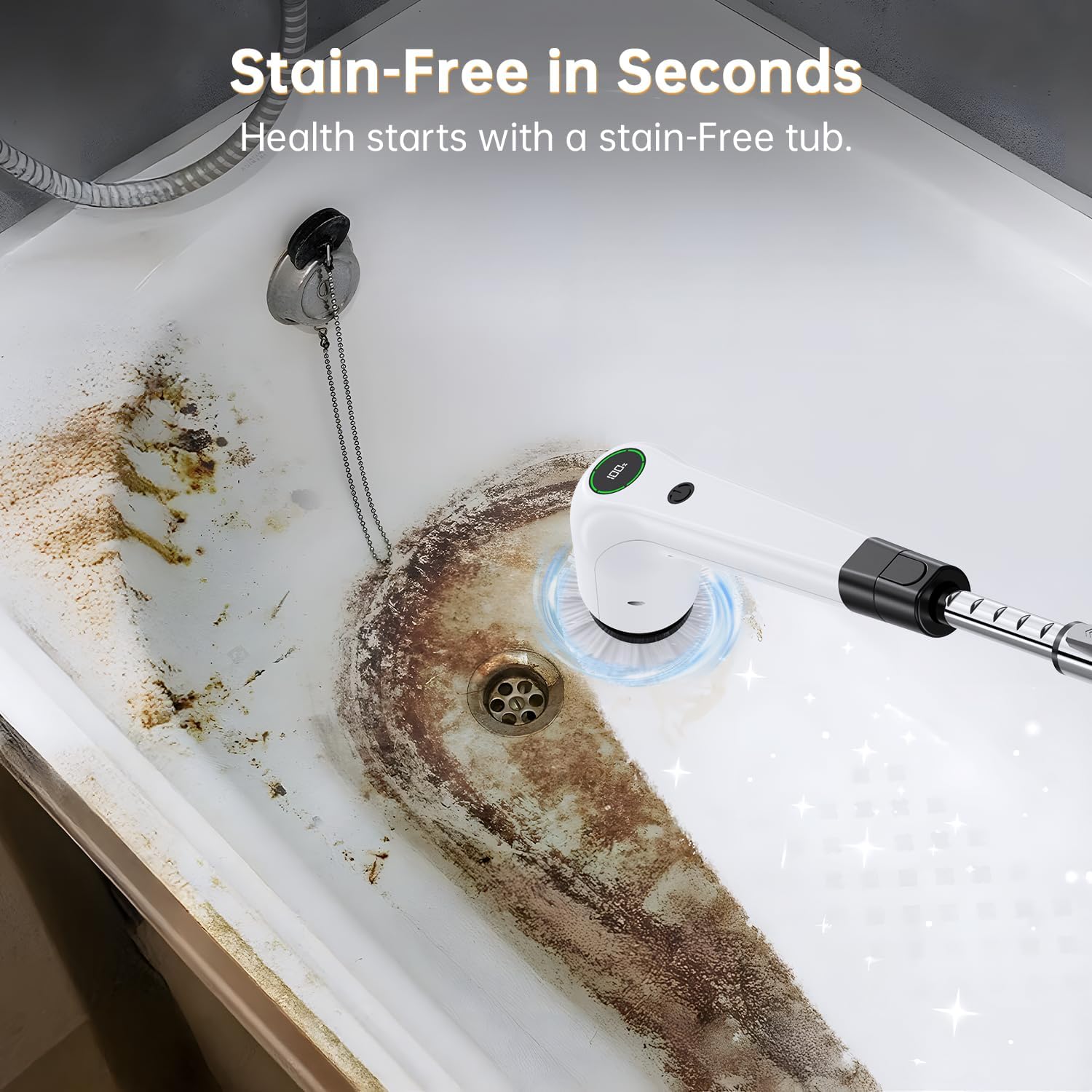 PUFTEM Electric Spin Scrubber, Cordless Shower Scrubber with 8 Scrub Brush, 2 Speed with Adjustable Extension Handle, Battery Level Display, Power Scrubber for Bathroom Bathtub Tile Floor (Black) - Image 4