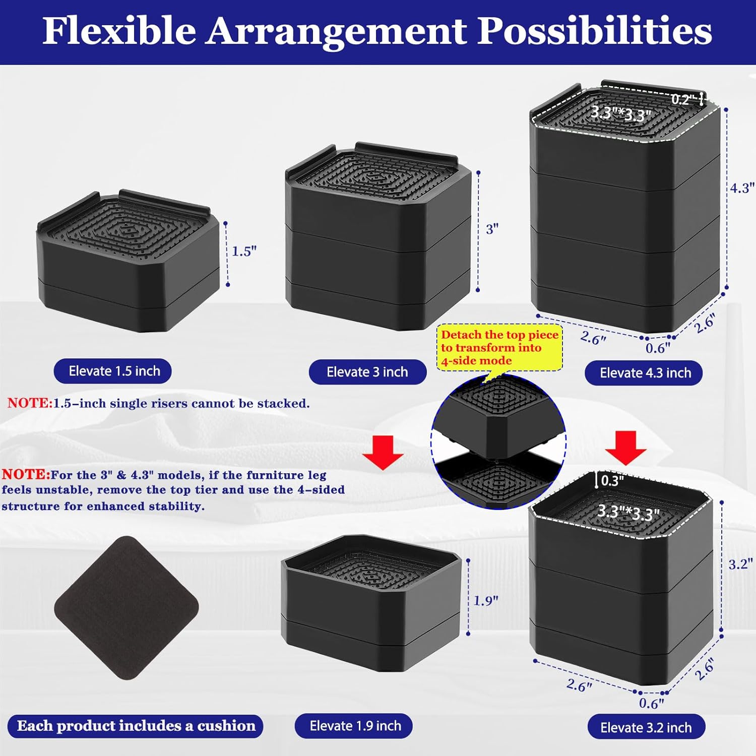 Bed Risers Heavy Duty, Adjustable Furniture Riser Blocks Lift 1.5, 3, 4.3 inches for Couch Table Desk Sofa Chair Legs, Refrigerator, Washing Machine - Support up to 4000 lbs (Black 4 Pack, 3 inch) - Image 3